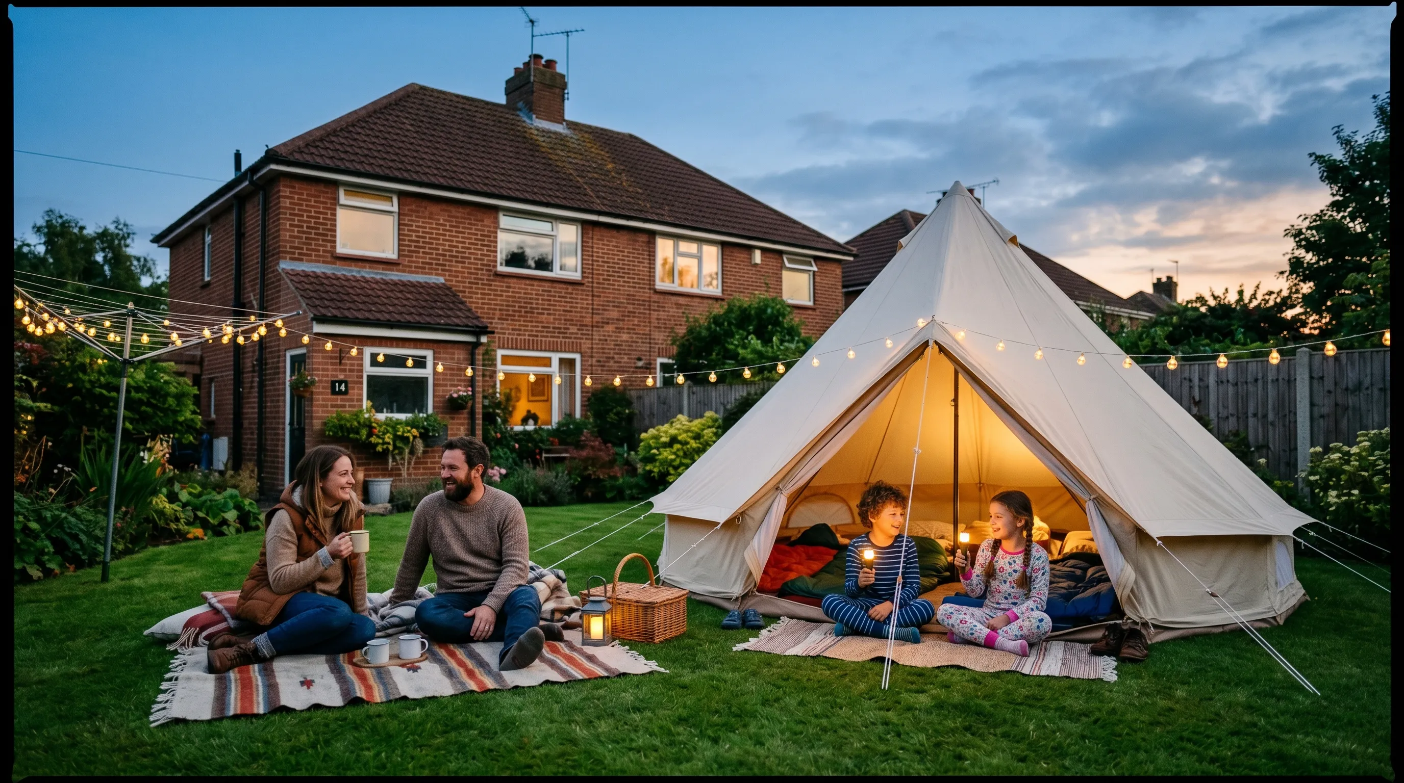 Family bell tent pitched on a UK suburban lawn at dusk with warm string lights and children in the doorway