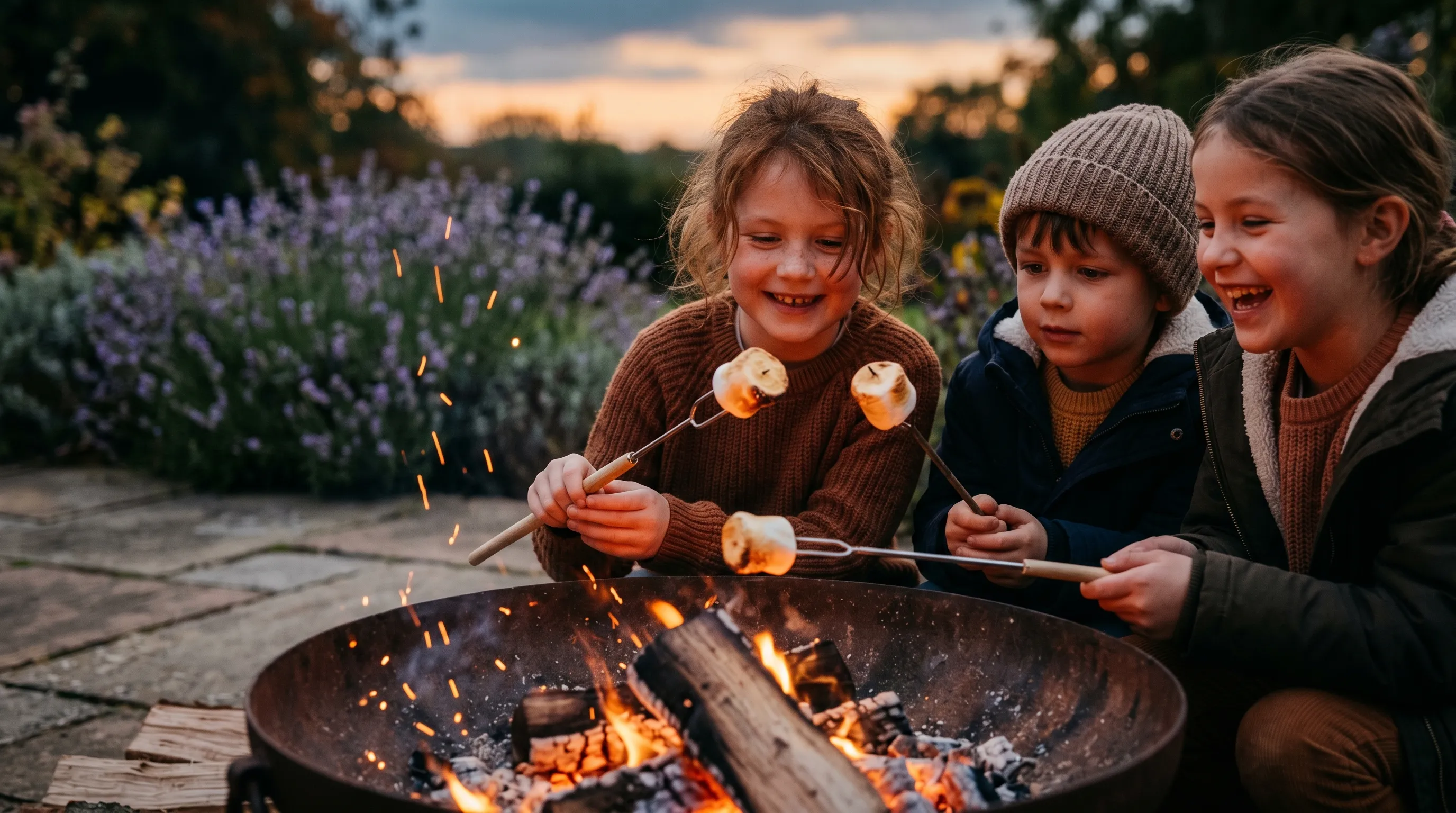 Children toasting marshmallows on long forks over a small steel fire pit in a UK garden at dusk, faces lit warm by the embers