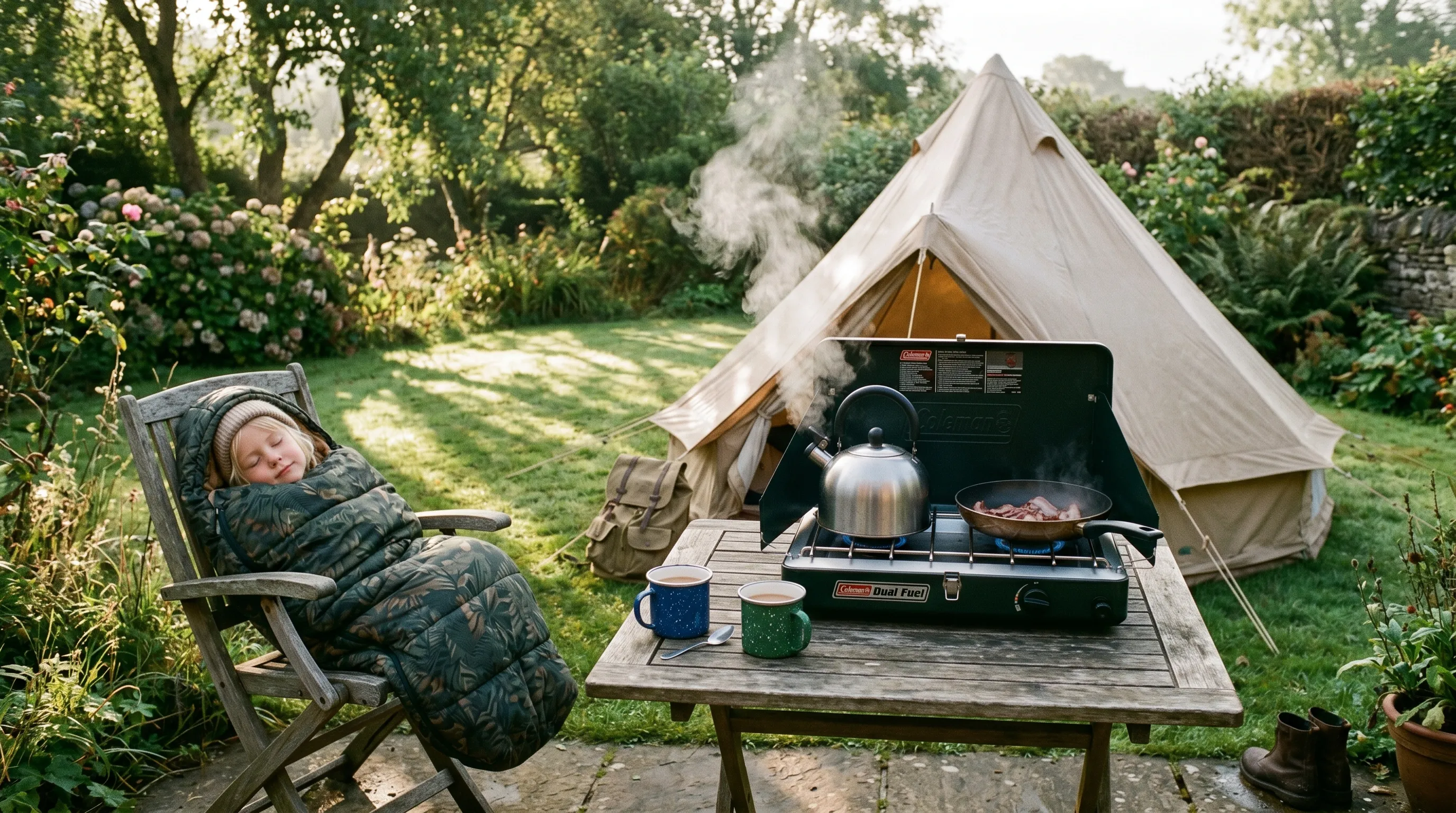 Camping stove on a patio table beside a tent in the morning, a kettle steaming and a child wrapped in a sleeping bag on a garden chair in fresh morning light