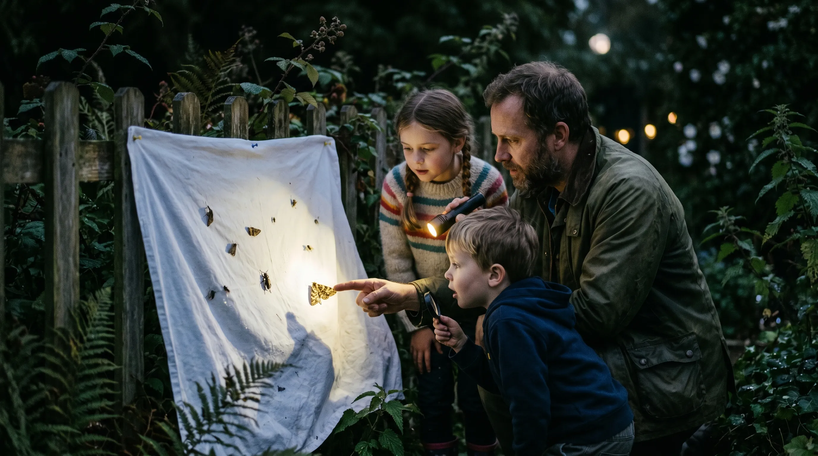 Two children and a parent crouched over a white sheet pinned to a fence at night, examining moths drawn to a torch beam in a UK garden