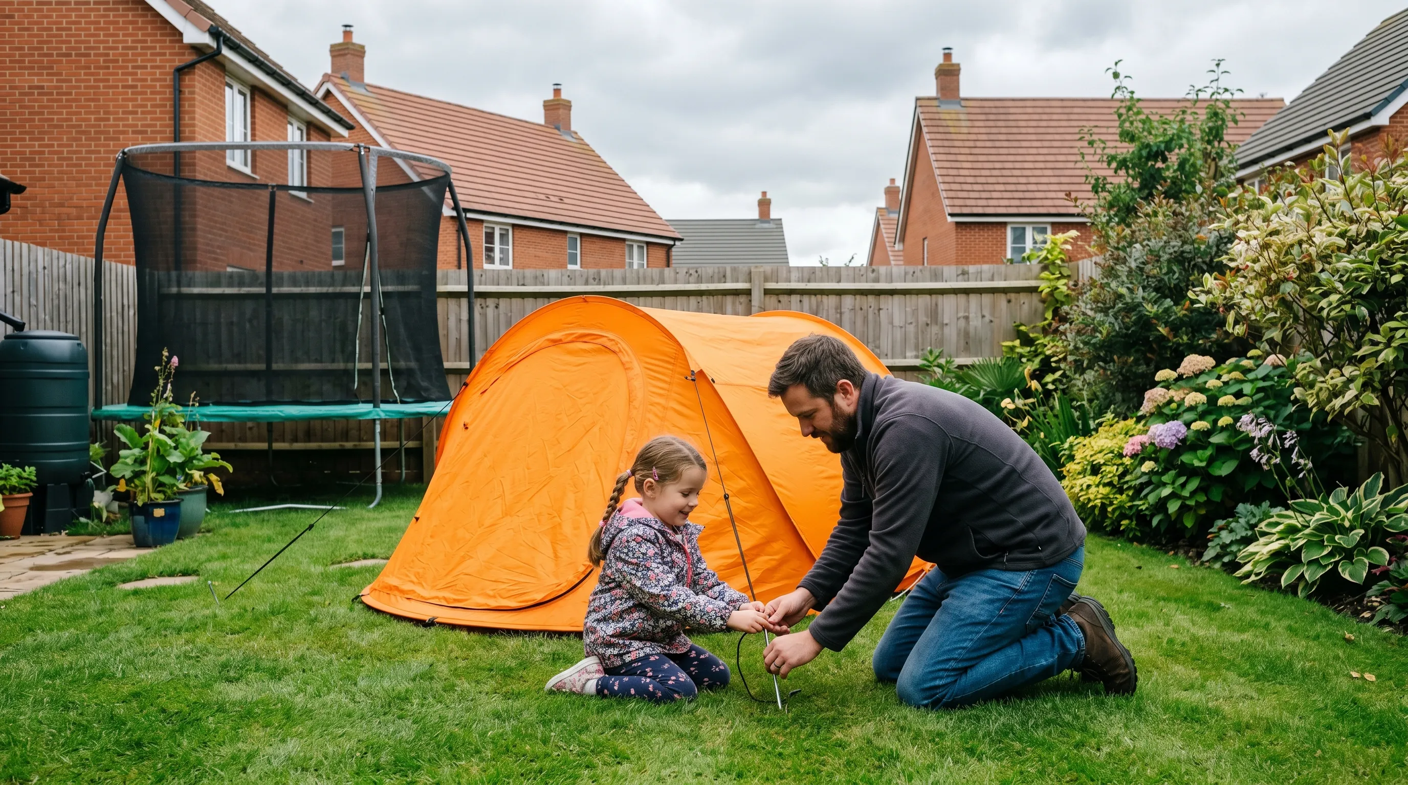 Orange pop-up dome tent being pitched on a lawn in a UK housing-estate garden with a dad and young girl pegging the guy ropes