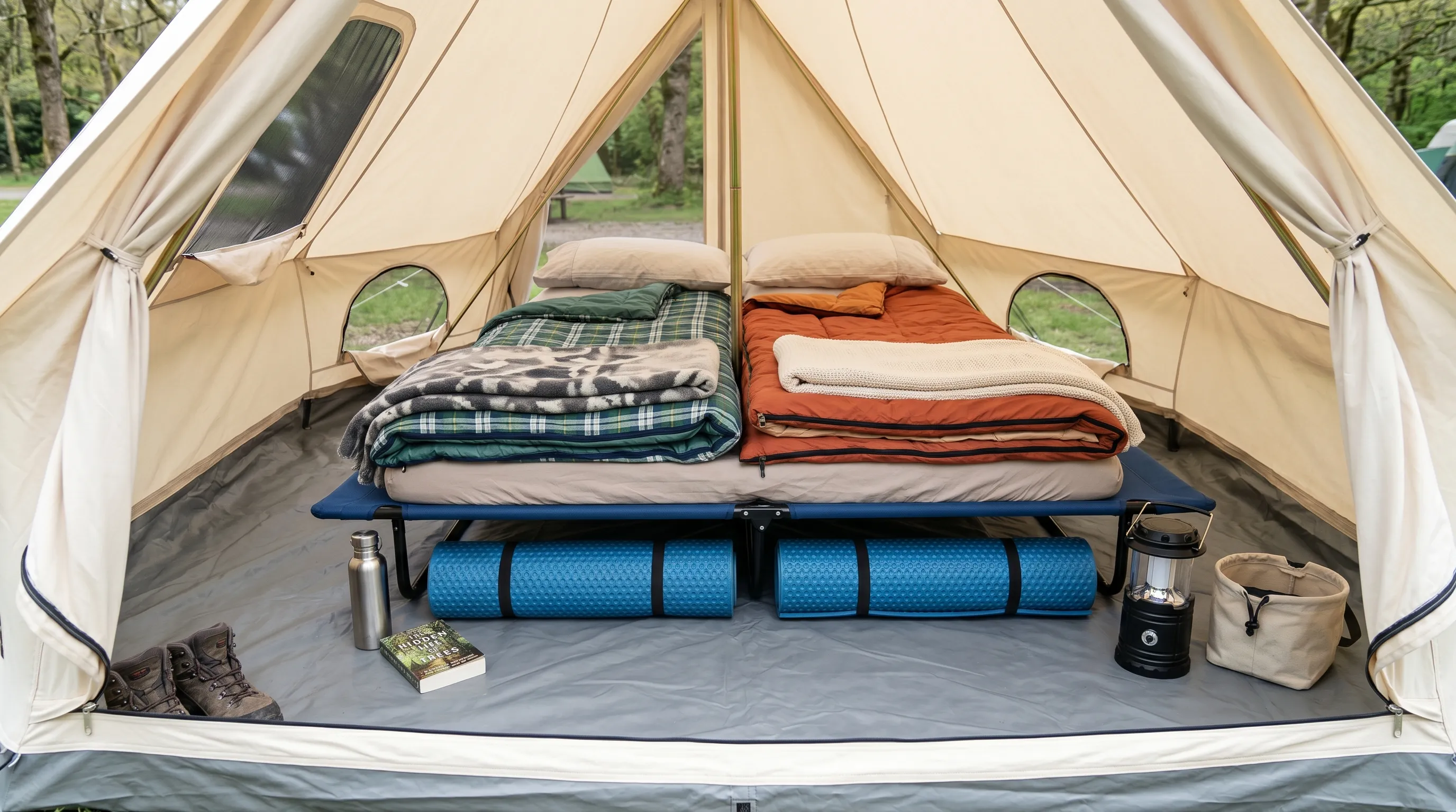 Family tent interior showing a raised airbed, foam roll mats, two tog-rated sleeping bags, fleece blankets and a battery lantern laid out neatly