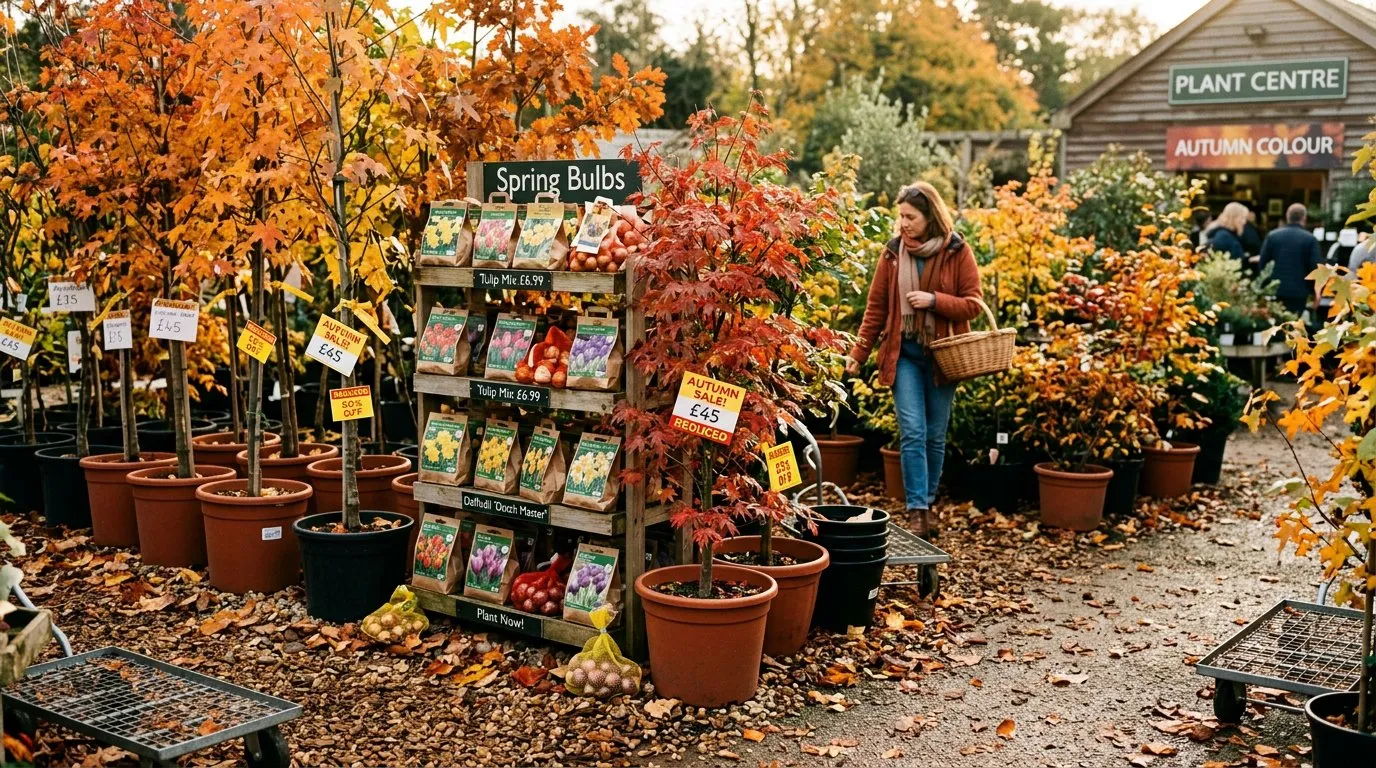 Autumn tree and shrub display at a garden centre with reduced prices