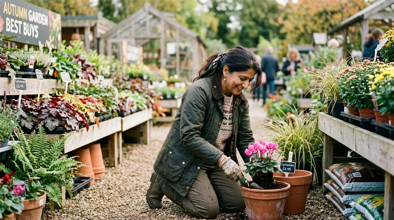 UK gardener working on garden centre best buys season in a real garden setting