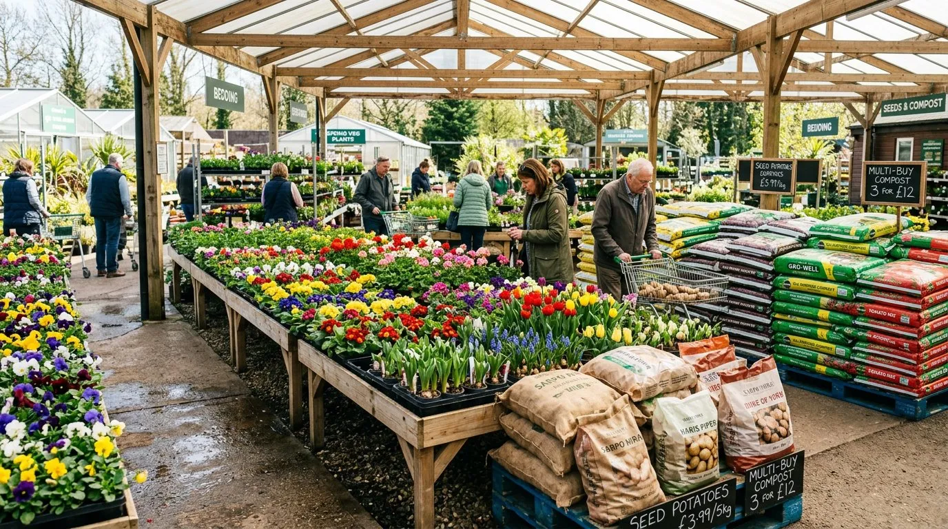 Spring display at a garden centre with bedding plants and seed potatoes