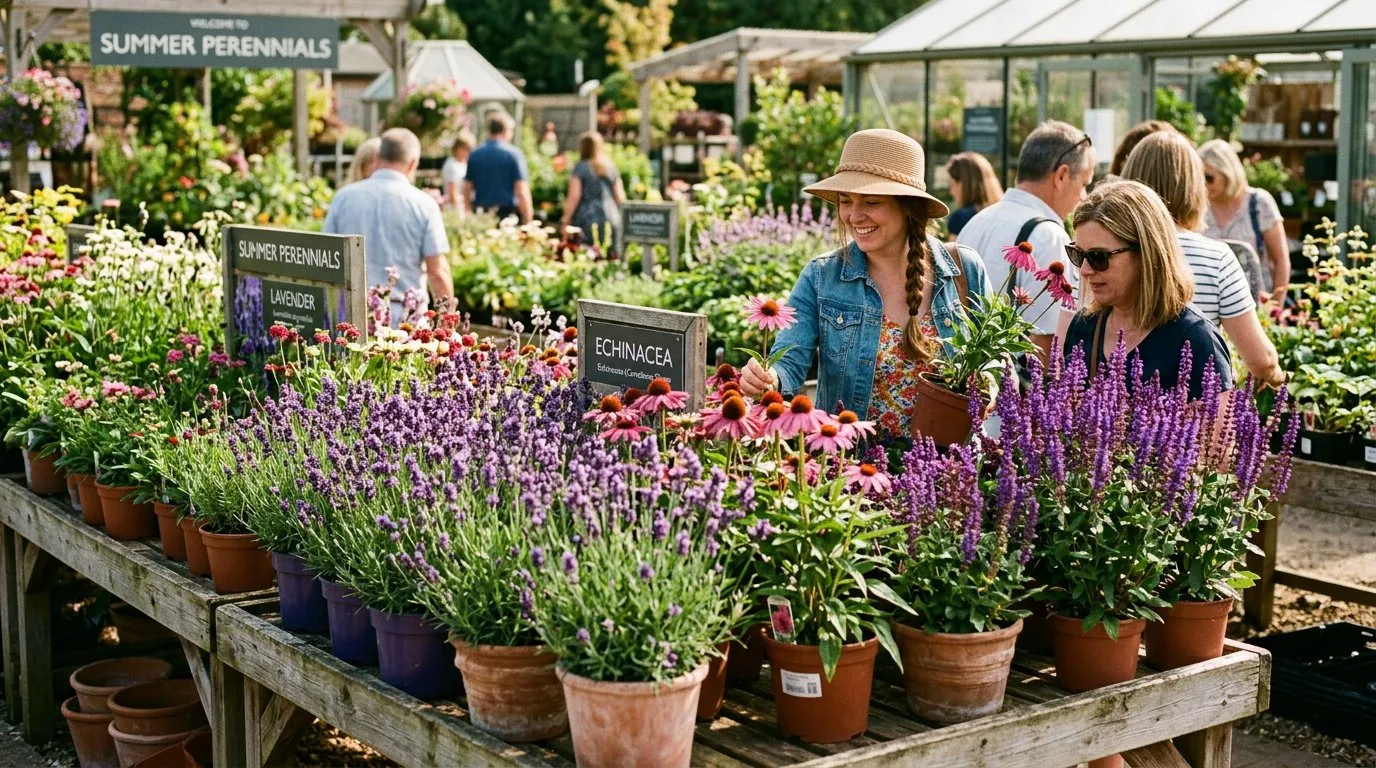 Summer perennials in flower at a garden centre display
