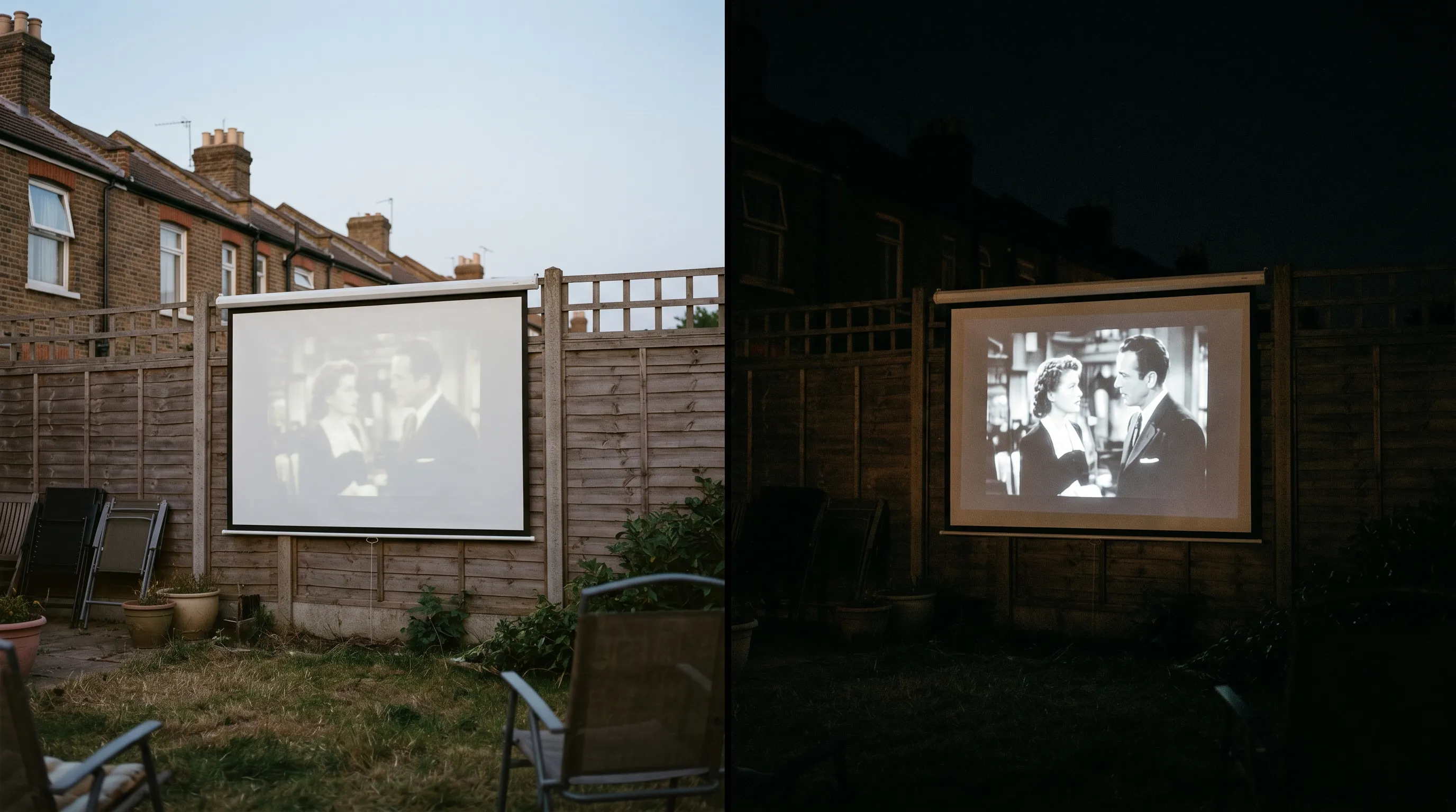 Split comparison showing a faint washed-out garden cinema picture in twilight beside a sharp vivid picture once the sky is dark