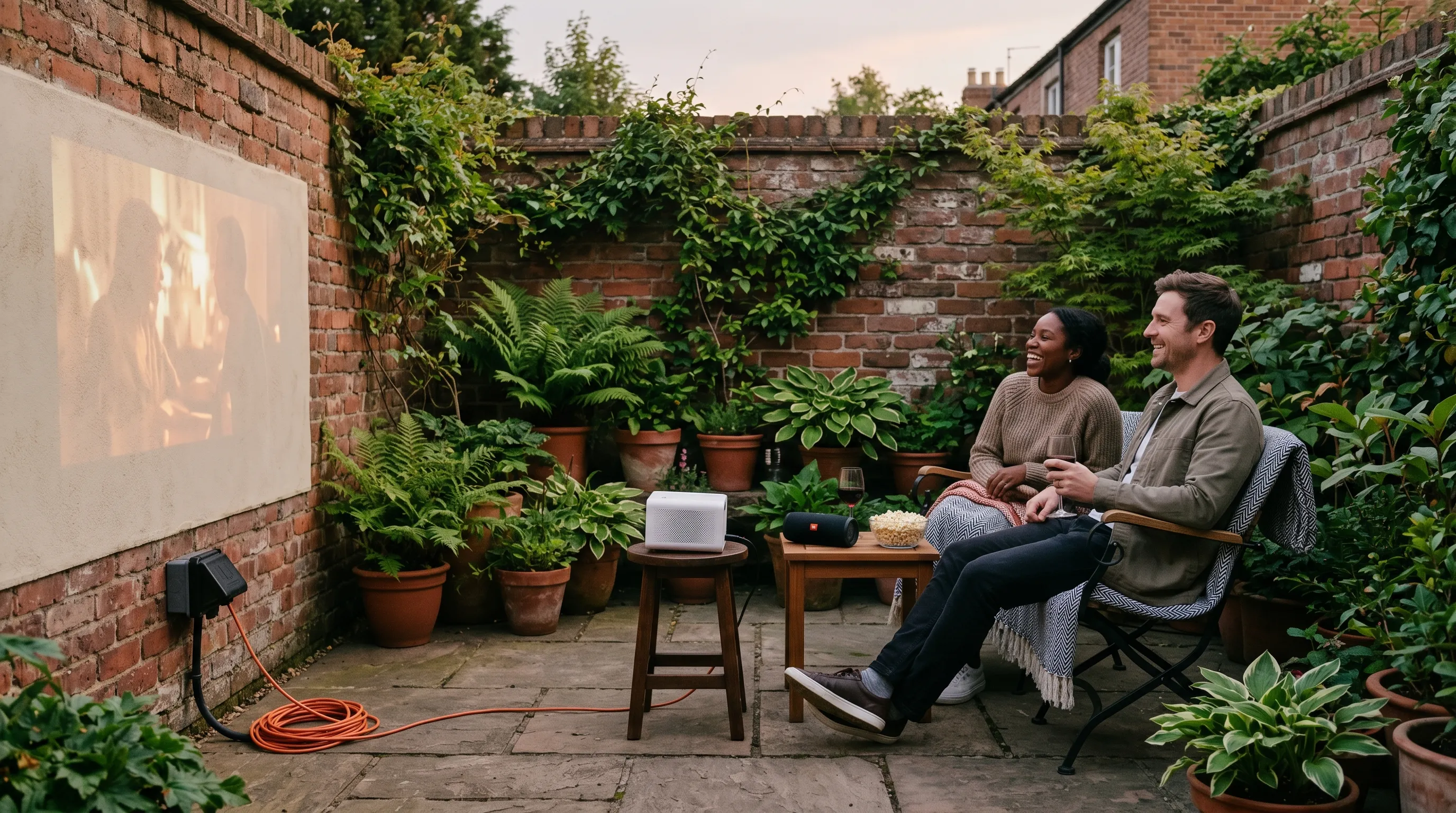 City courtyard garden with a projector aimed at a pale wall, an extension lead to a weatherproof socket, a Bluetooth speaker and two adults relaxing