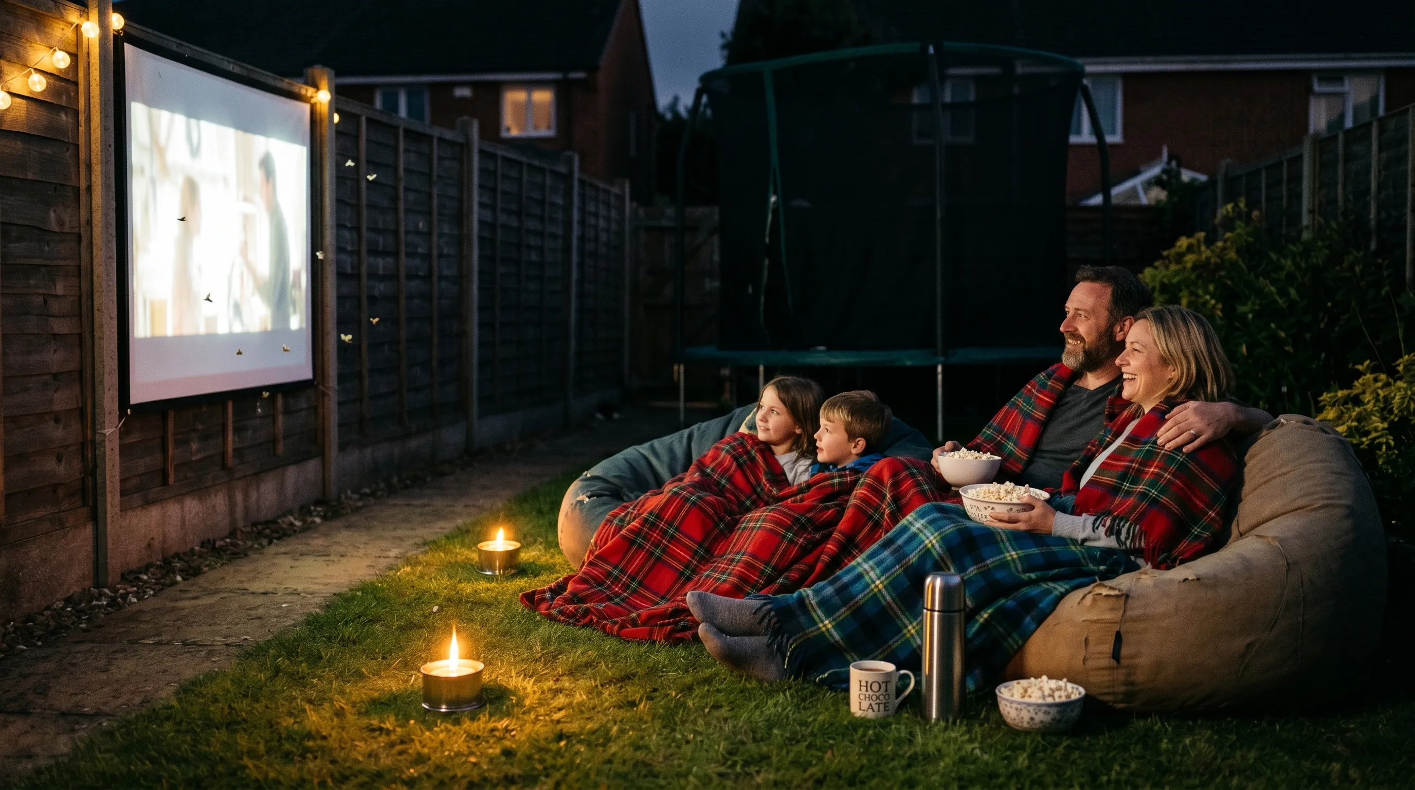 Family wrapped in tartan blankets on bean bags watching a glowing screen in a UK housing-estate garden at night with popcorn and a flask