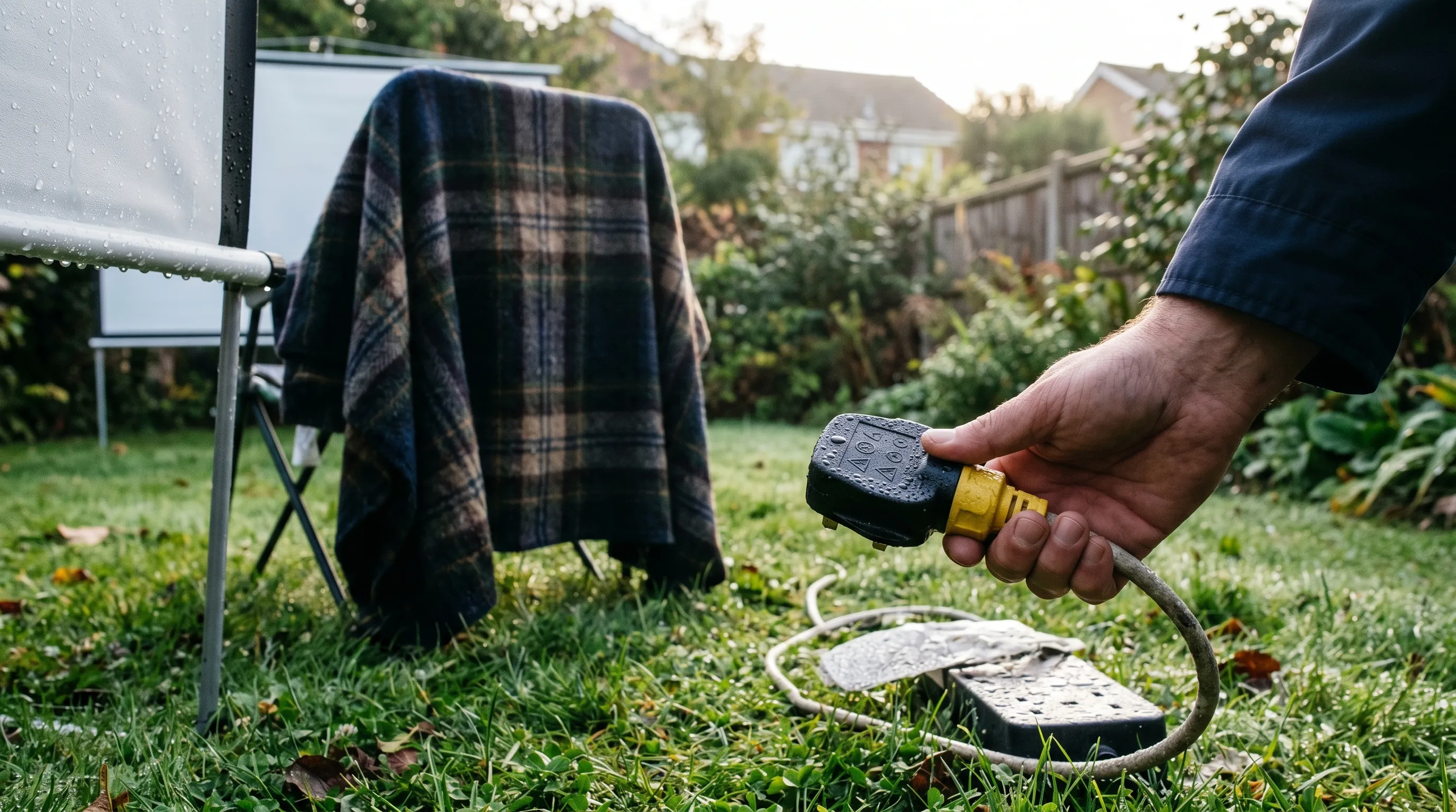 Morning-after detail of a garden cinema screen and extension lead covered in heavy dew, a hand unplugging an RCD adapter