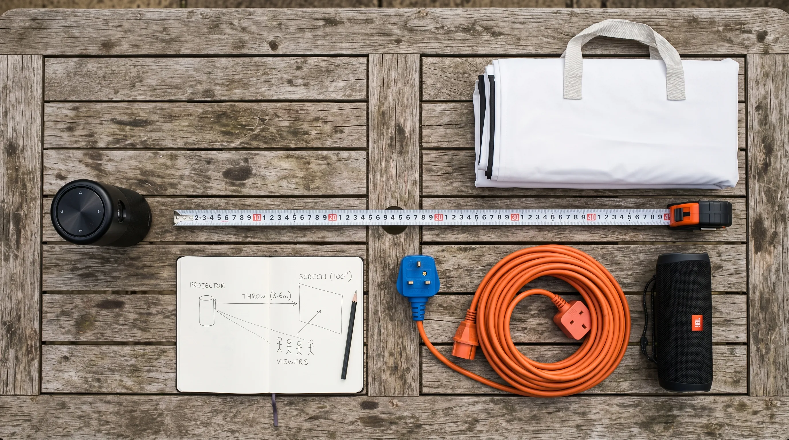 Top-down flat lay on a garden table showing a projector, a tape measure for throw distance, a folded screen, an RCD plug and an extension lead