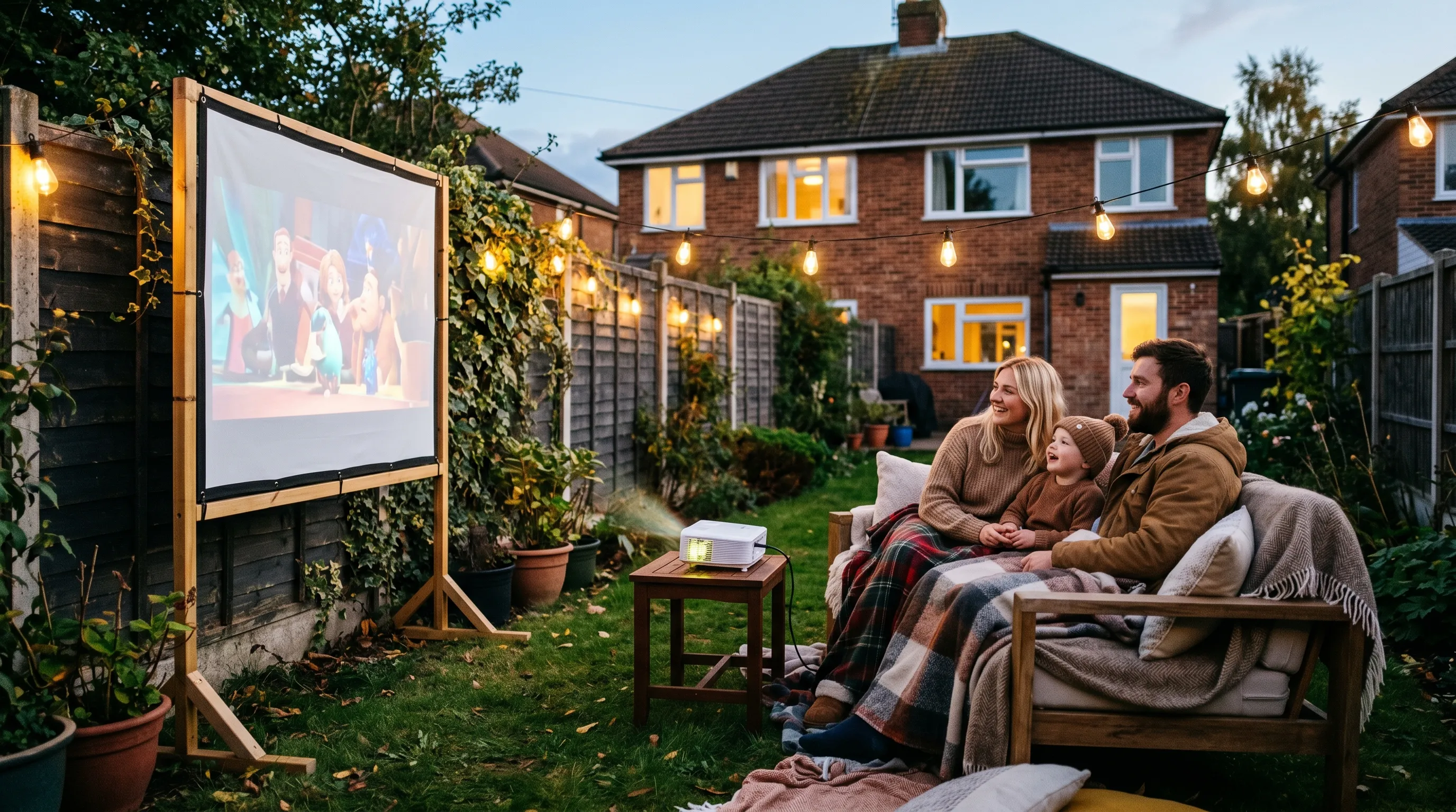 Garden cinema set up on a UK suburban lawn at dusk with a projector screen, string lights and a family under blankets