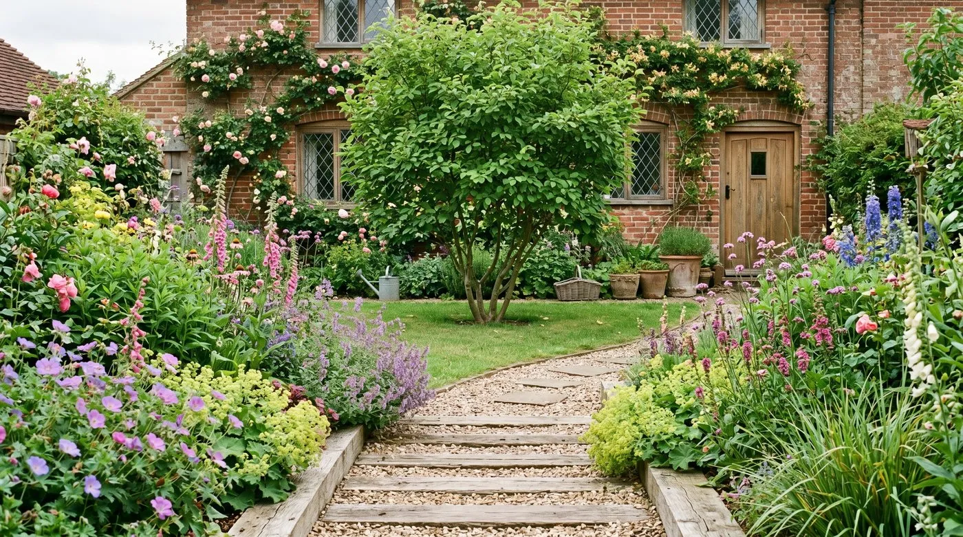 A budget UK garden two seasons on, borders filled with propagated perennials and a single specimen tree as a focal point