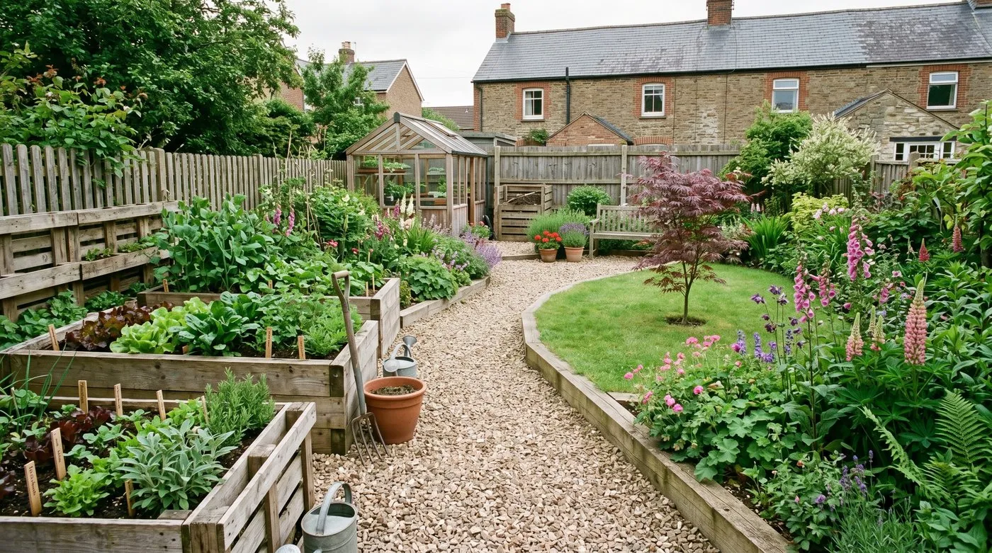 A well-designed UK garden made on a budget, with gravel paths, recycled timber raised beds and propagated perennials