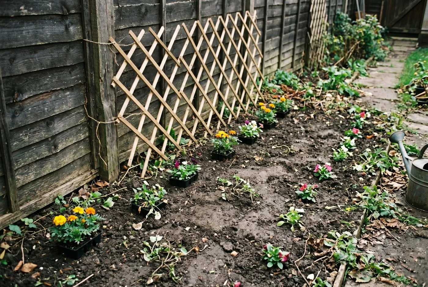A budget garden mistake: tiny bedding plants dotted thinly across bare soil beside flimsy thin trellis