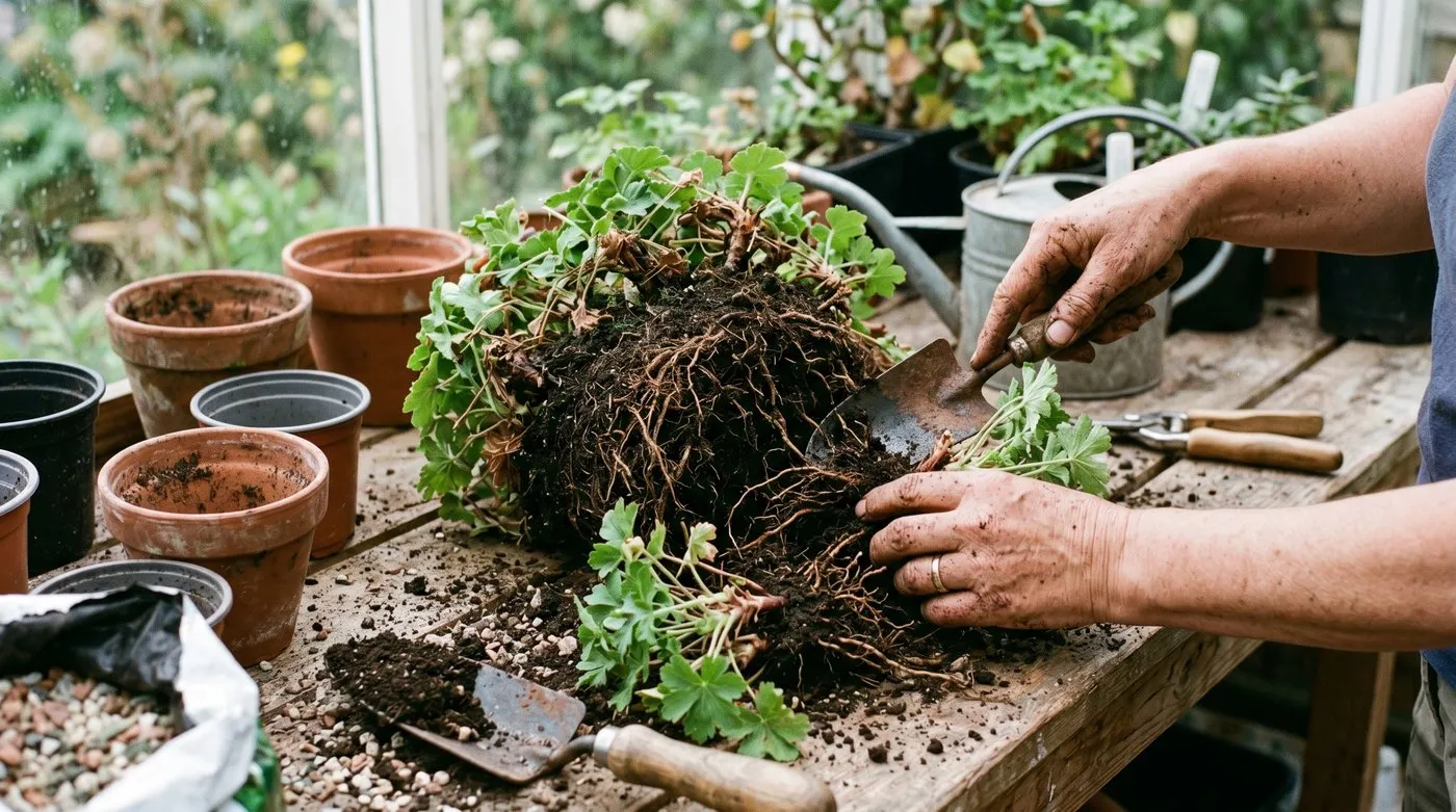 Hands dividing a clump of perennial geranium into several plants, a free way to fill a budget garden's borders