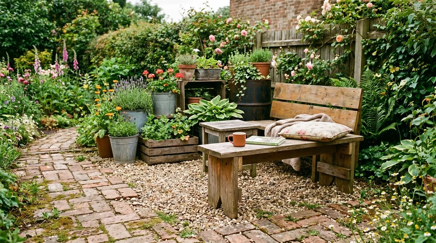 A budget seating area made from reclaimed brick and gravel in a UK garden, with upcycled containers planted up