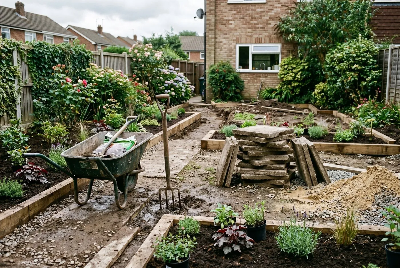 A UK garden mid-project with half-planted borders, a wheelbarrow and stacked slabs, work staged over seasons