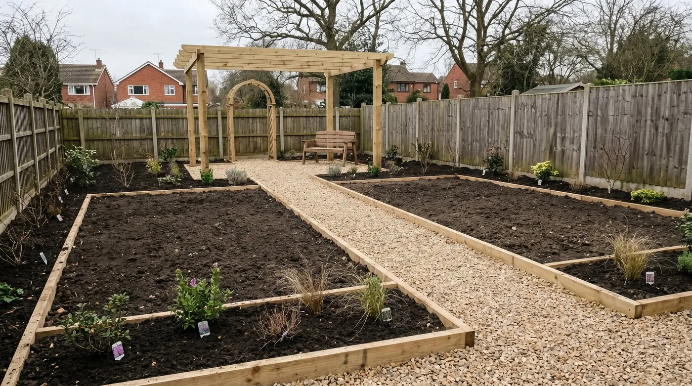 A budget UK garden showing strong structure: a gravel path with timber edging dividing planted borders, before much planting is added