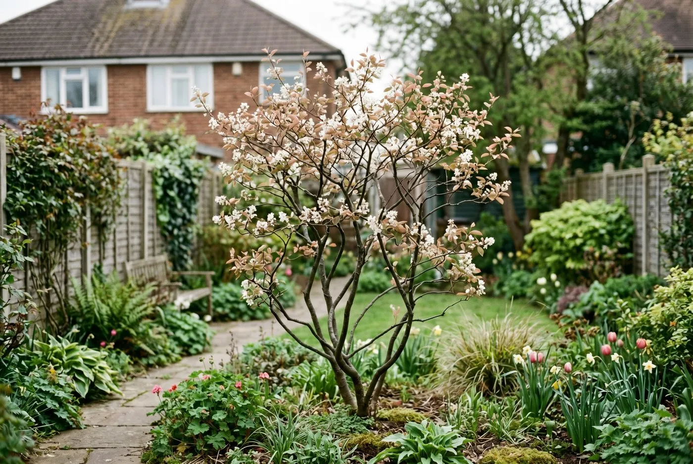 A single multi-stem Amelanchier specimen tree as a focal point in a modest UK budget garden