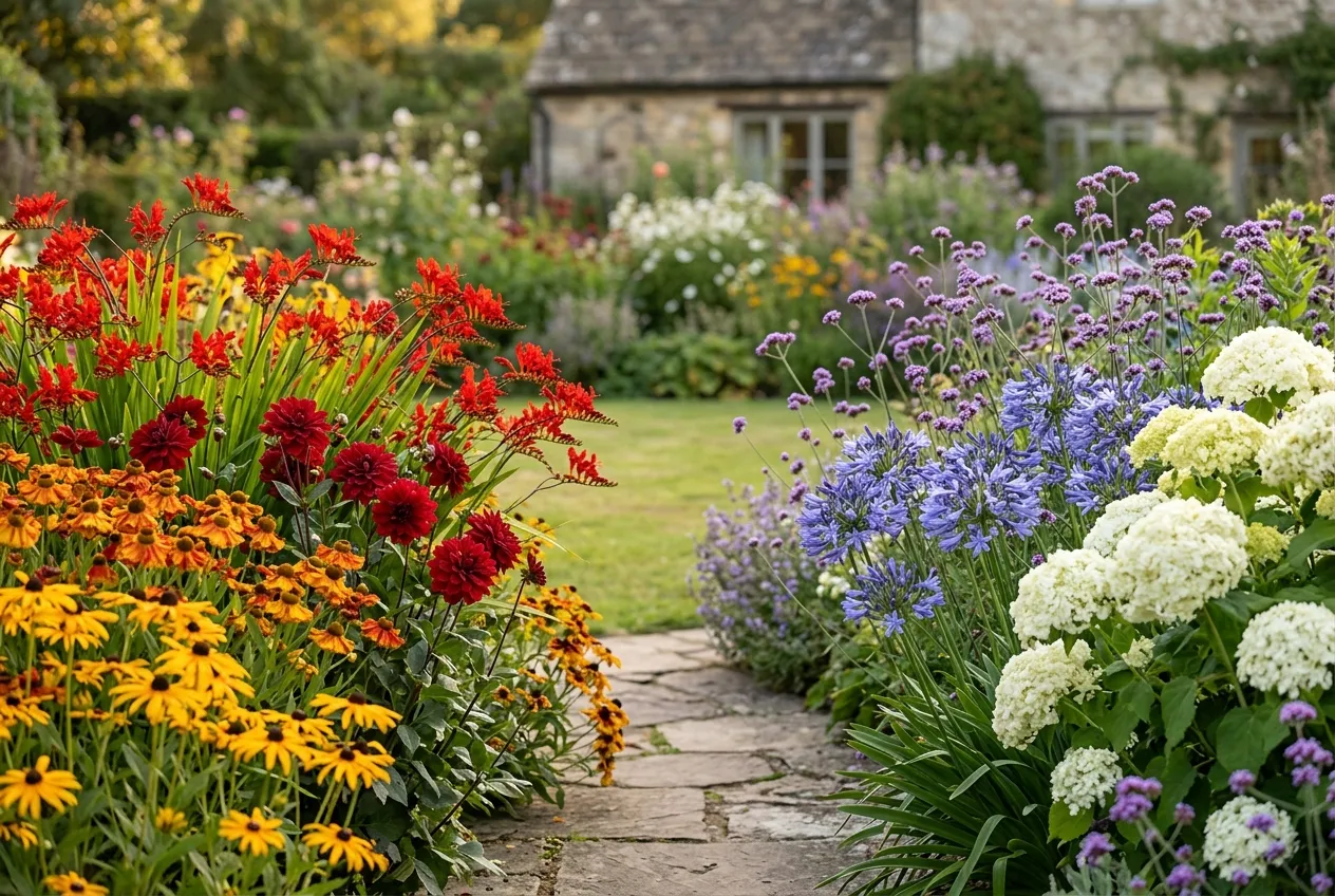 UK garden border demonstrating garden design colour principles with warm Crocosmia and Helenium next to cool Agapanthus and Verbena