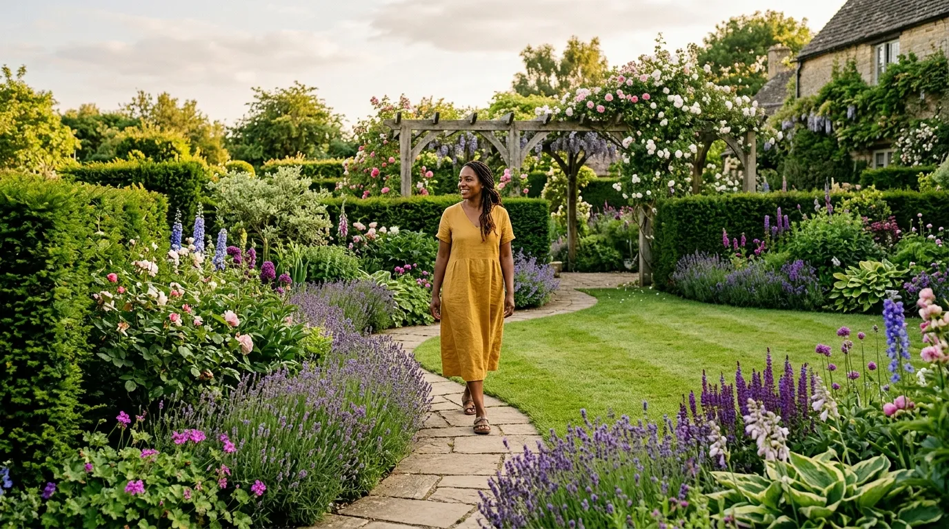 Beautiful UK garden showing garden design principles with structured borders, a curving stone path, and mixed perennial planting