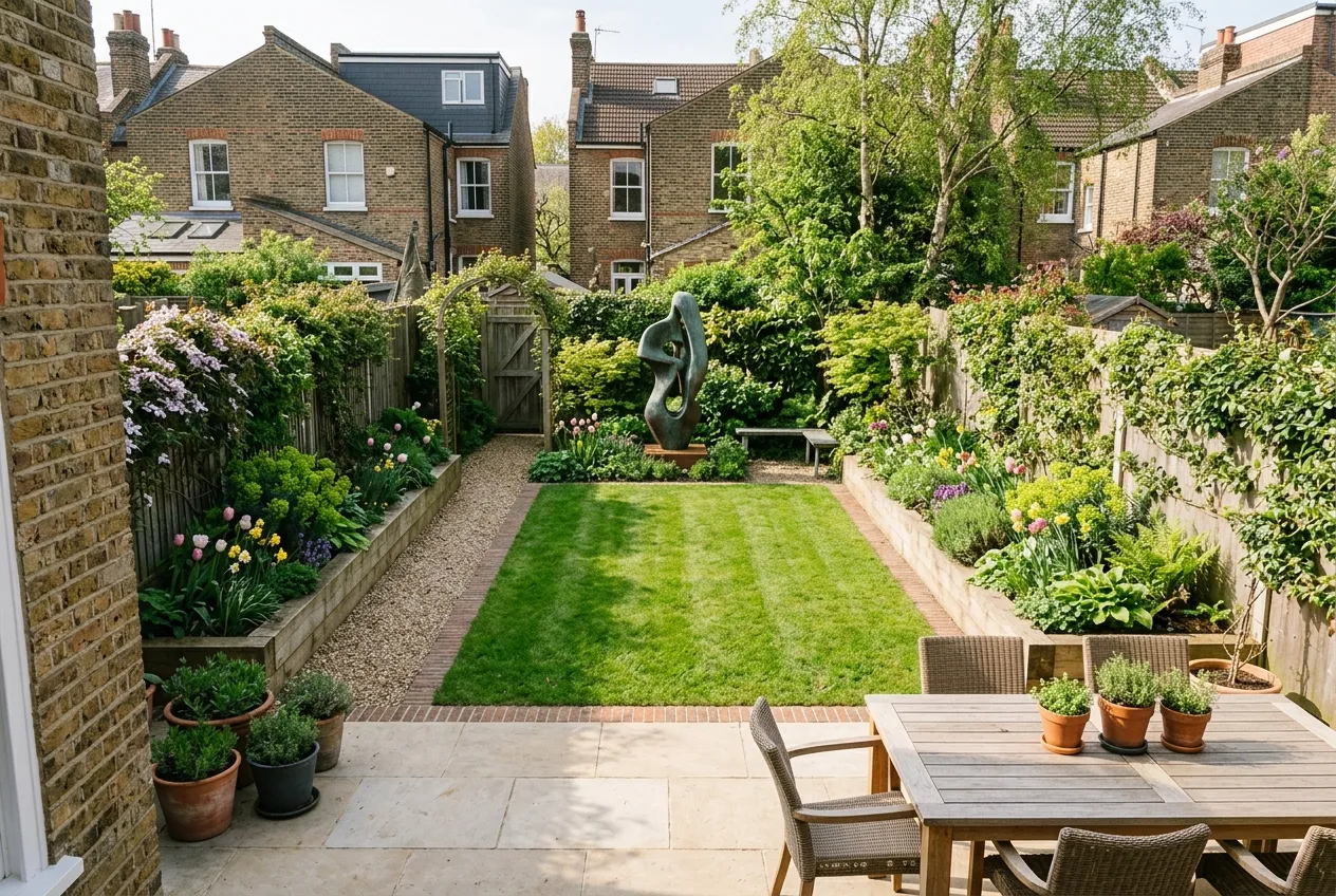 Small UK garden showing garden design principles of proportion and scale with clearly defined zones for patio, lawn, and planting beds