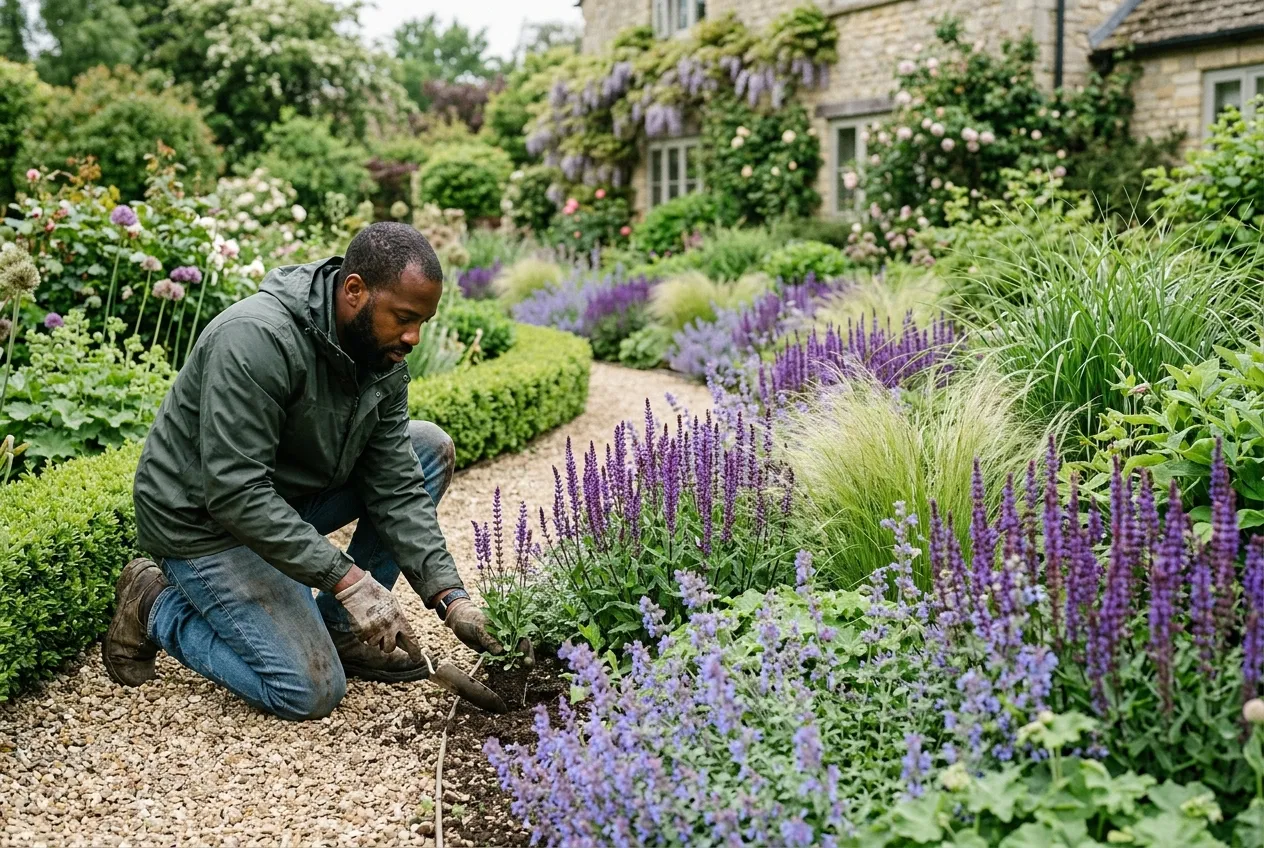 Structured UK garden border showing garden design principles of rhythm and repetition with flowing plantings of Salvia, Nepeta, and ornamental grasses