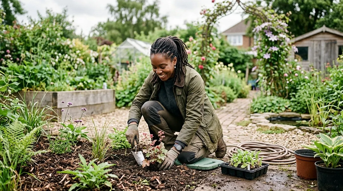 UK gardener working on garden design trends in a real garden setting