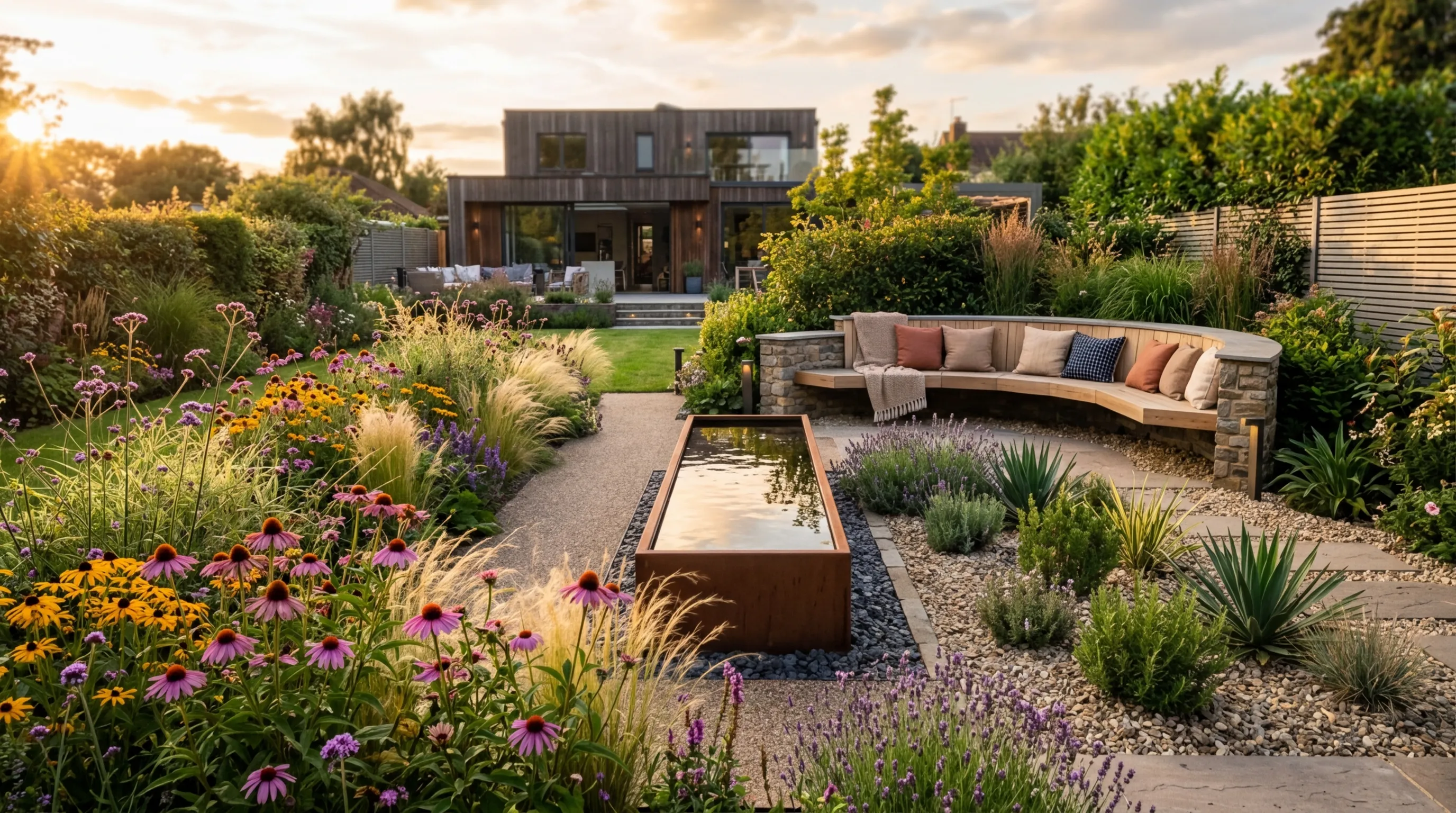 Modern UK garden design trends with naturalistic perennial planting and cor-ten water feature in warm evening light