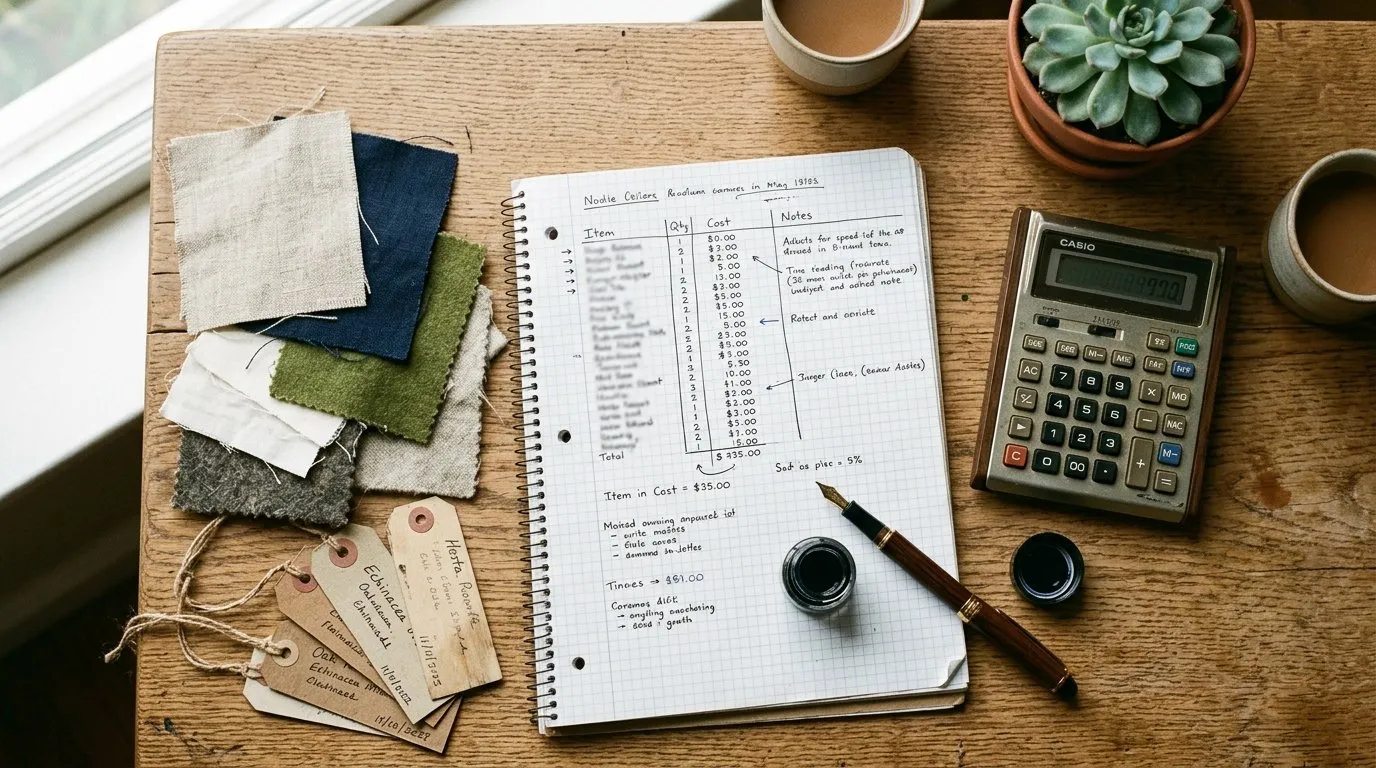 Garden design budget breakdown notes on a desk with calculator showing design fees against full project costs