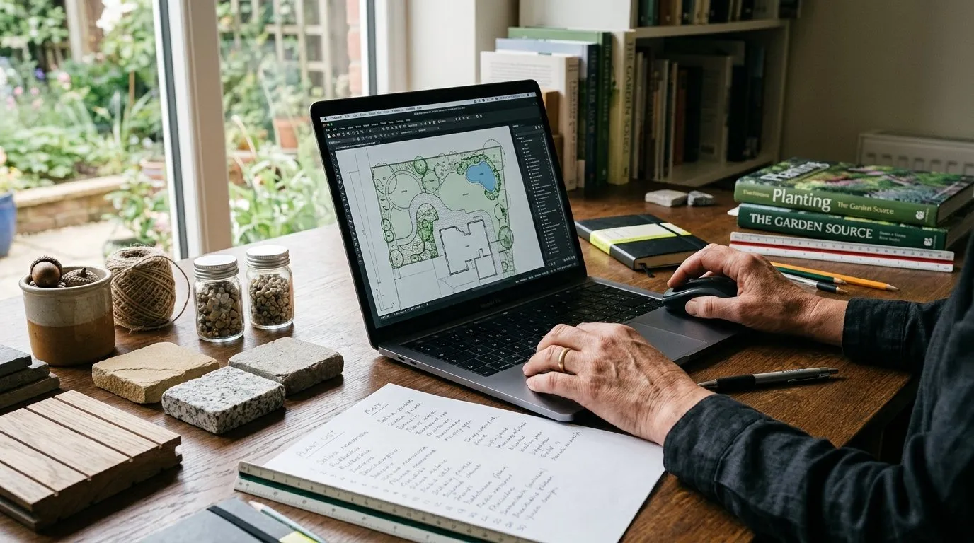 Garden designer working on a digital CAD garden plan at a desk with notes and material samples