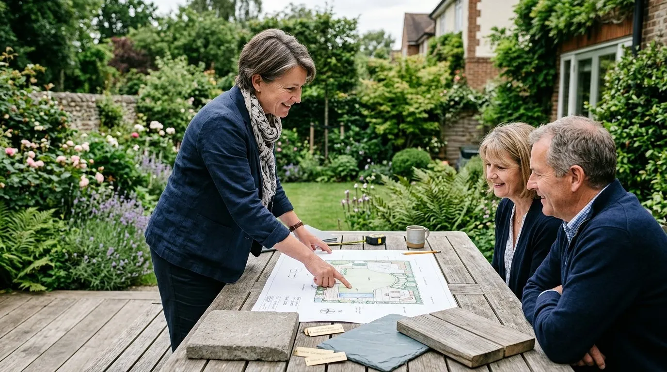 UK garden designer presenting a scaled garden plan and material samples on site to a homeowner showing how much a garden designer costs