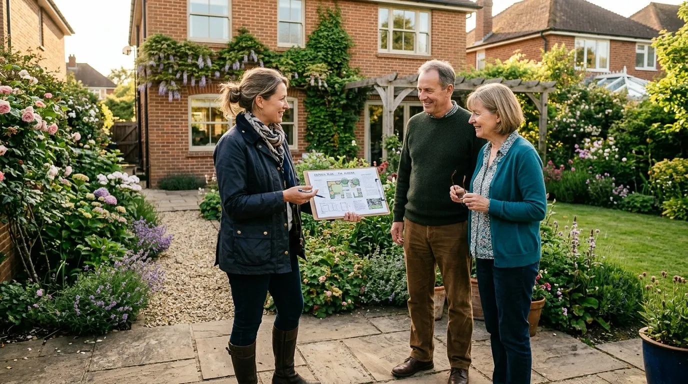 UK garden designer reviewing plans on site with a homeowner showing how much a garden designer costs