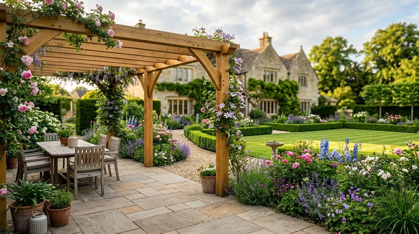 Premium-quality designed garden in the UK with stone patio mature planting and pergola showing what a higher-tier designer fee delivers