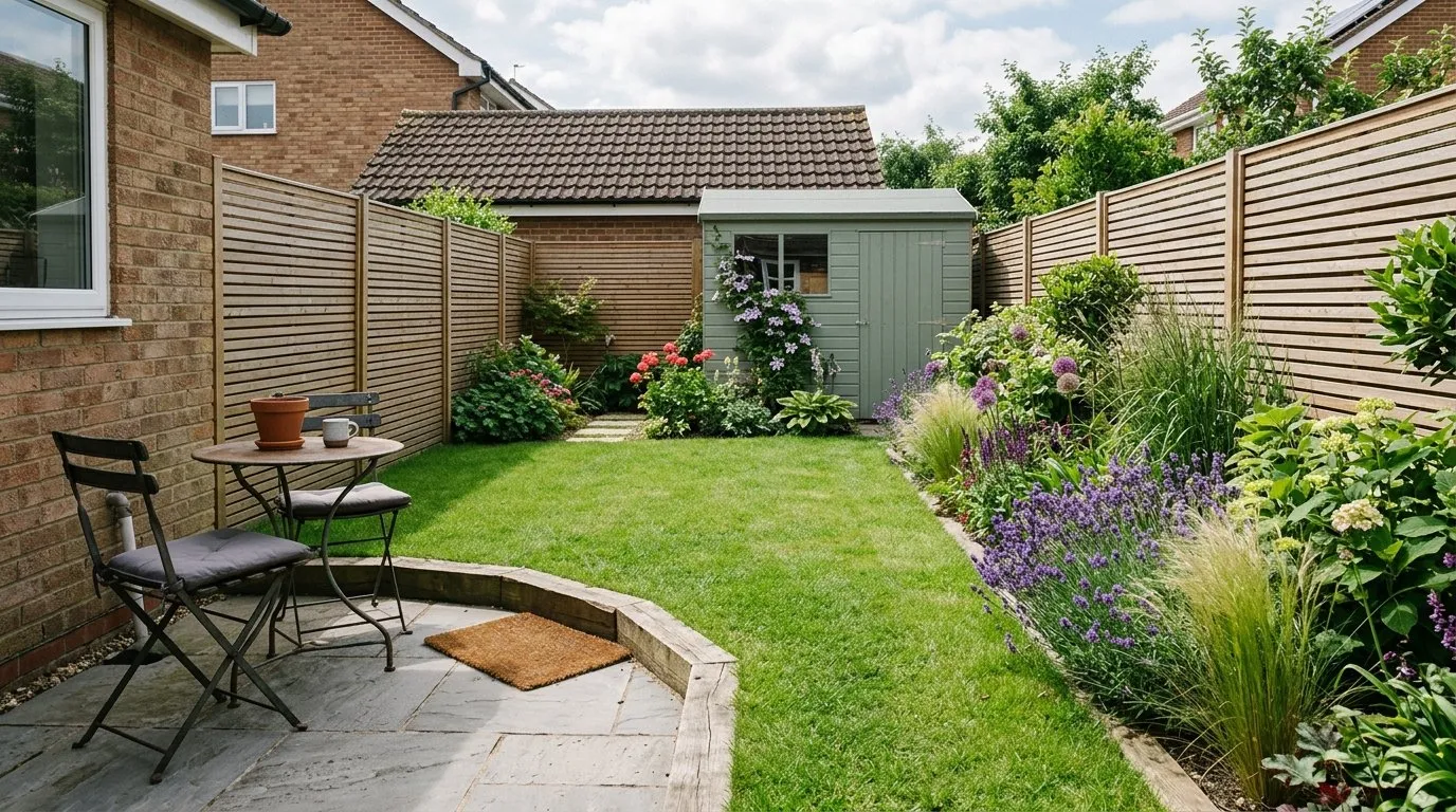 Modest UK back garden designed at a smaller package fee tier with paving lawn and mixed planting border