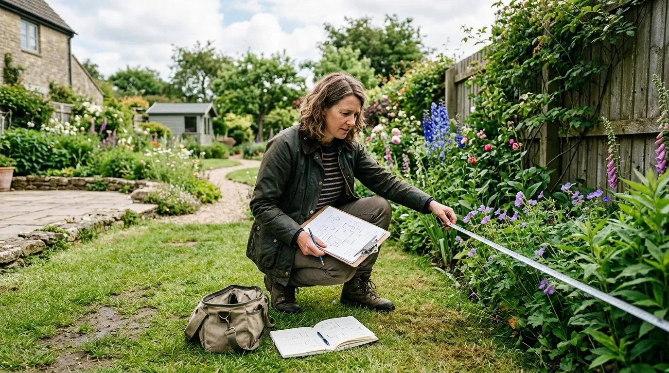 Garden designer measuring a UK garden with a tape measure during a site survey for a design quote