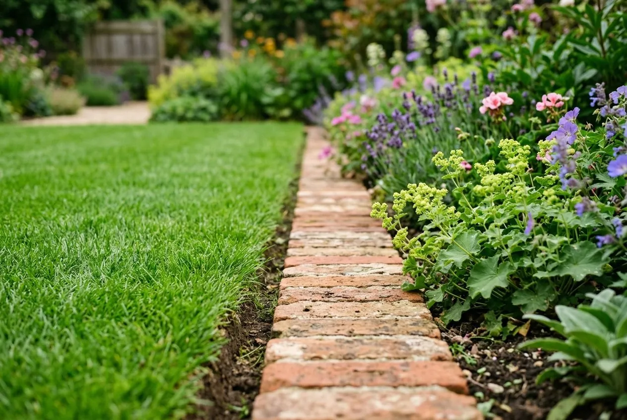 A flush brick mowing strip set along the edge of a lawn beside a flower border, the bricks level with the grass for easy mowing