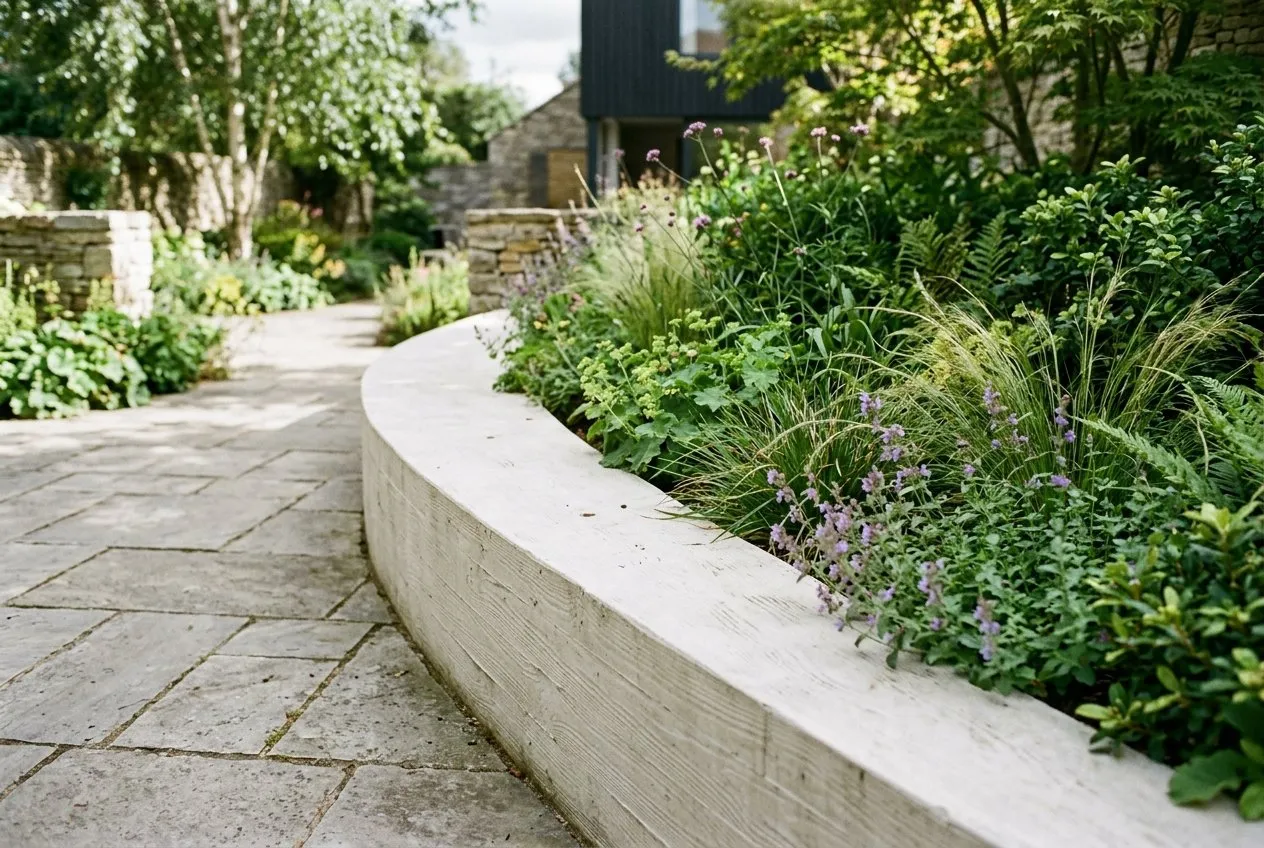 A smooth cast concrete edge curving around a modern planted border, board-formed for a textured finish, beside a paved area