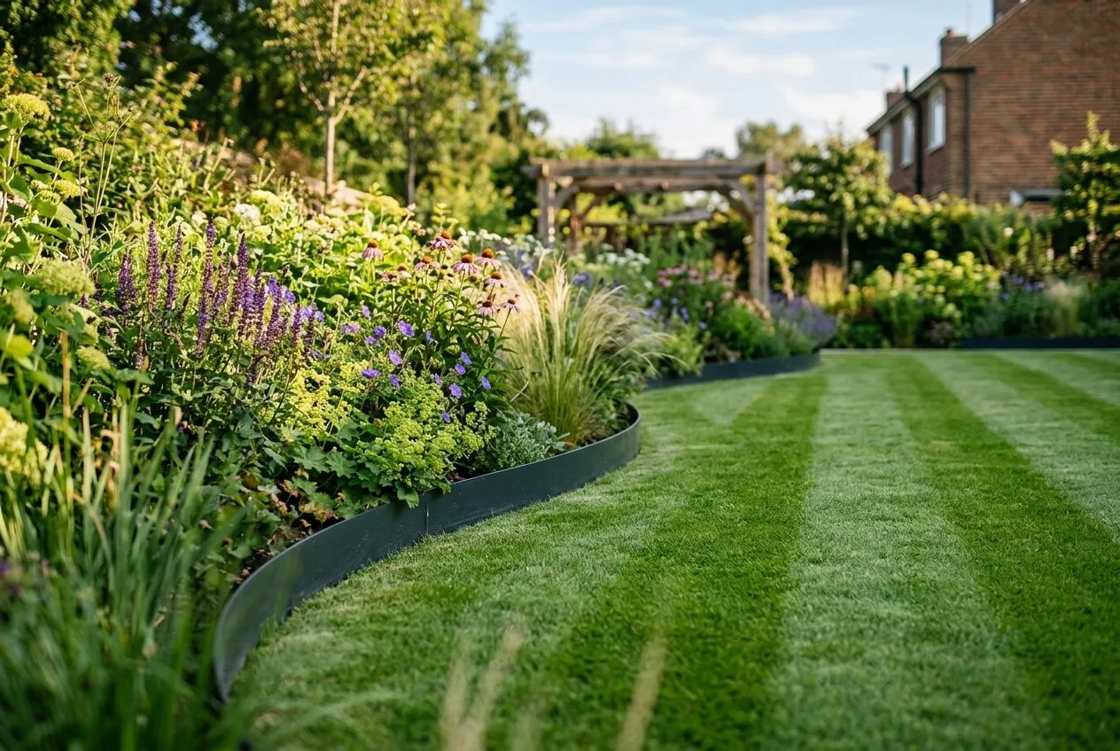 A finished UK garden with a crisp steel-edged curving border meeting a striped lawn, a clean line between planting and grass