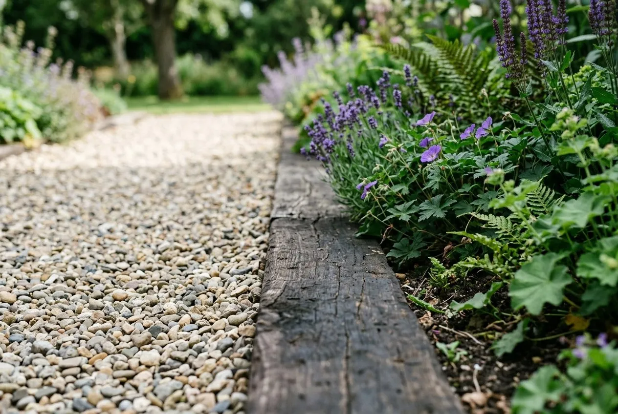 A UK garden border edged with chunky timber railway sleepers, separating a planted raised bed from a neat gravel path
