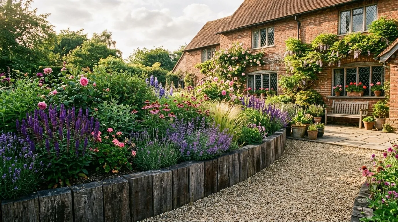 A UK garden border edged with chunky timber railway sleepers separating a planted bed from a gravel path