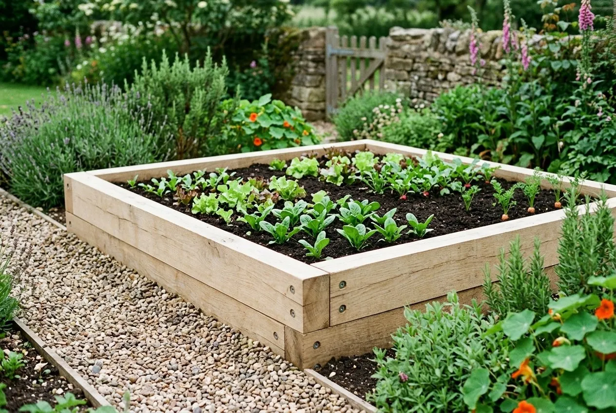 New oak railway sleepers laid on edge to form a raised vegetable bed, screwed together at the corners with a gravel path alongside