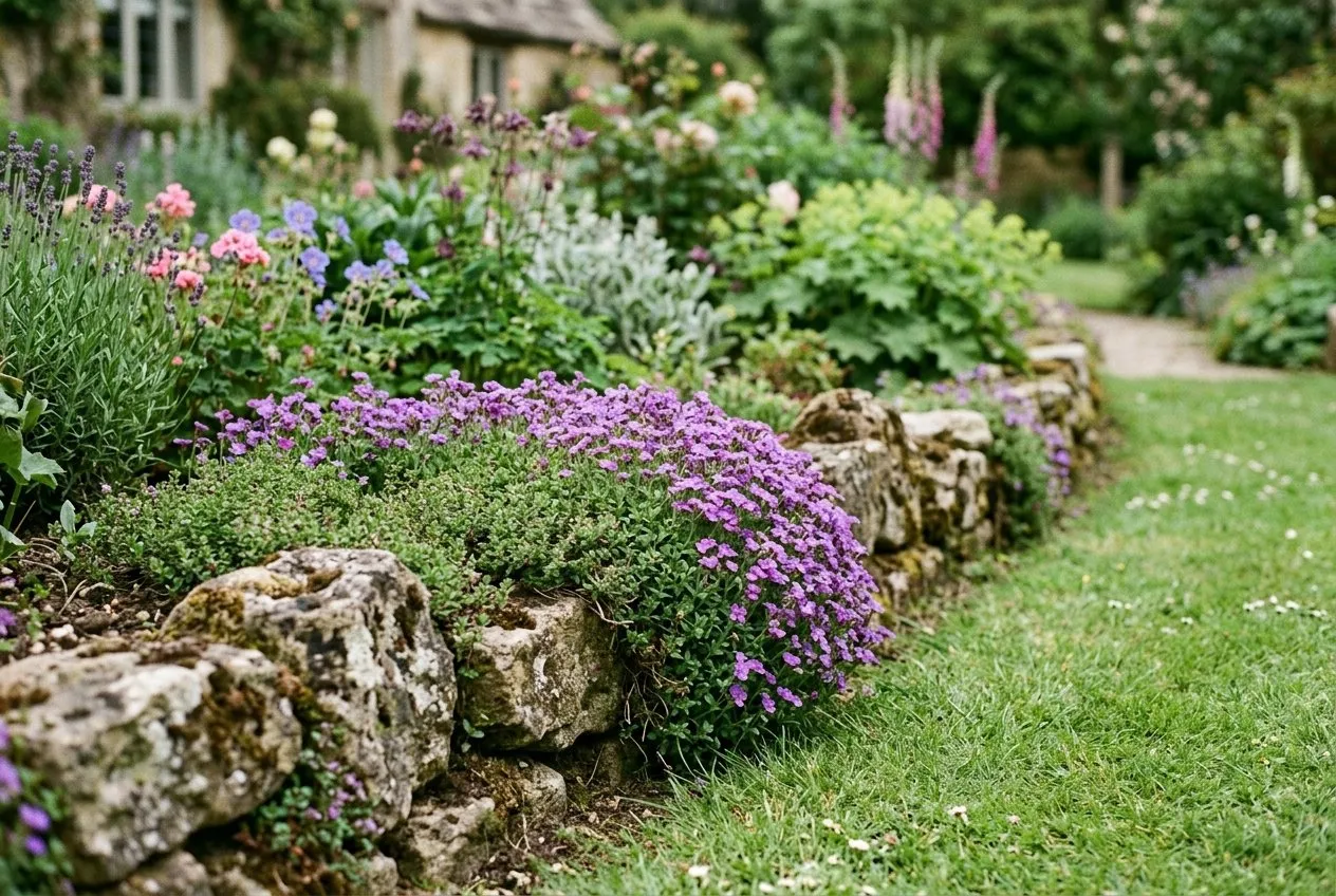 An informal natural stone edge along a cottage garden border, weathered local stones part-buried with thyme and aubretia spilling between them