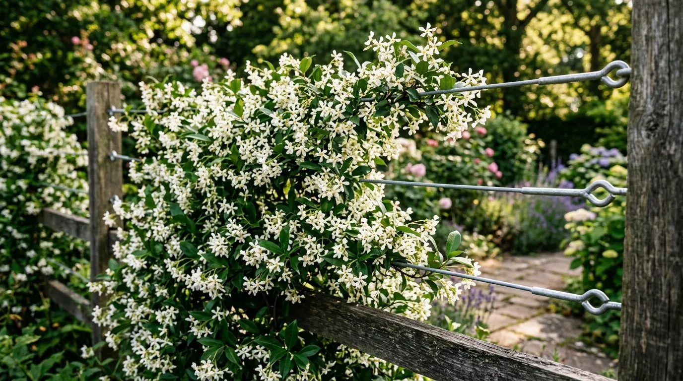White star jasmine in full bloom growing on horizontal galvanised wires attached to a garden fence
