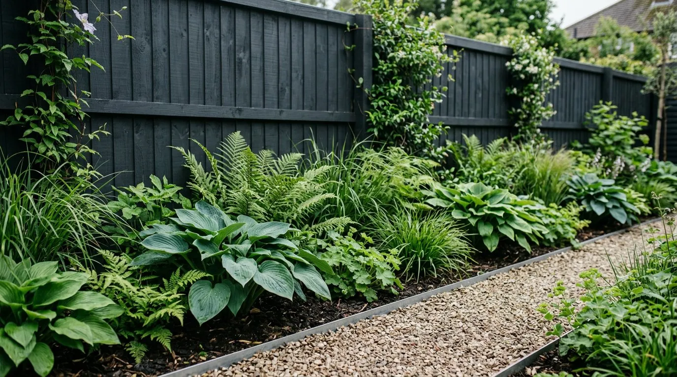 Dark charcoal painted close-board fence with lush green hostas, ferns, and ornamental grasses in the border