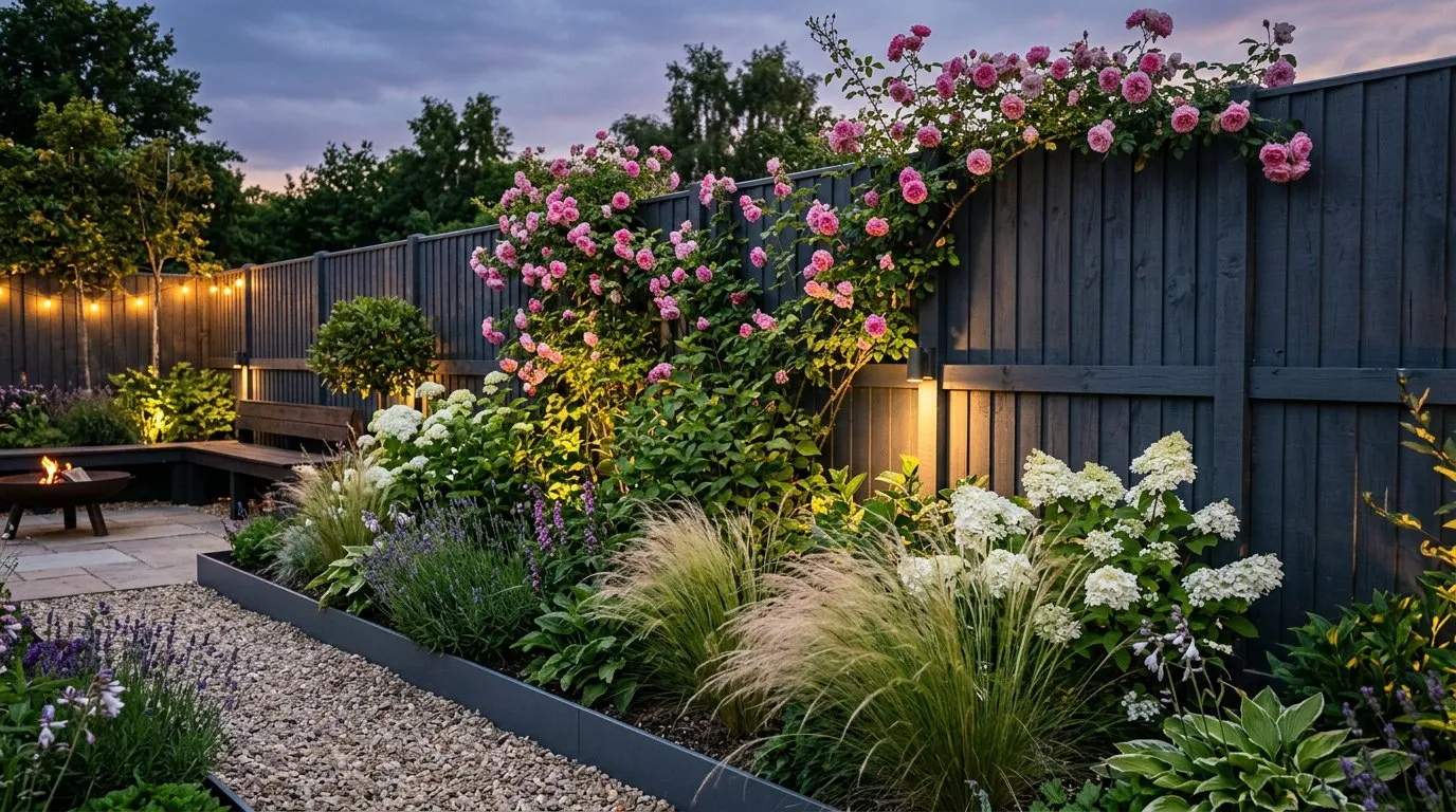 Modern UK garden with painted dark grey fence panels, climbing roses, and uplighting at dusk