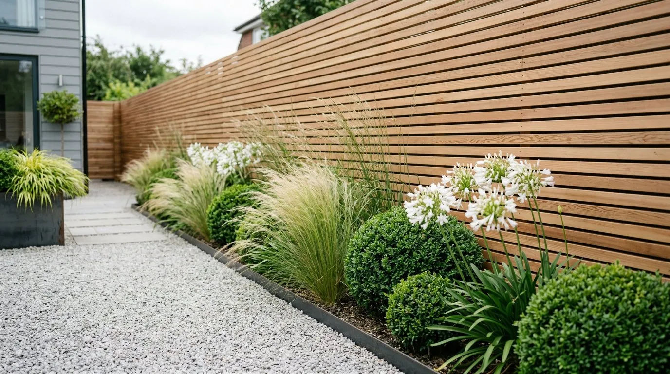 Contemporary horizontal slat timber fence with architectural planting of ornamental grasses and clipped box spheres