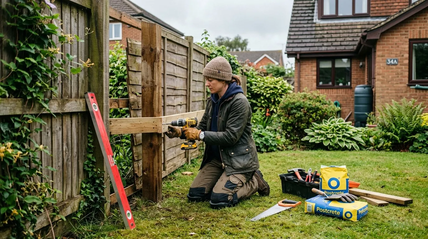 UK gardener repairing a damaged fence panel in a suburban back garden with tools and timber on the lawn