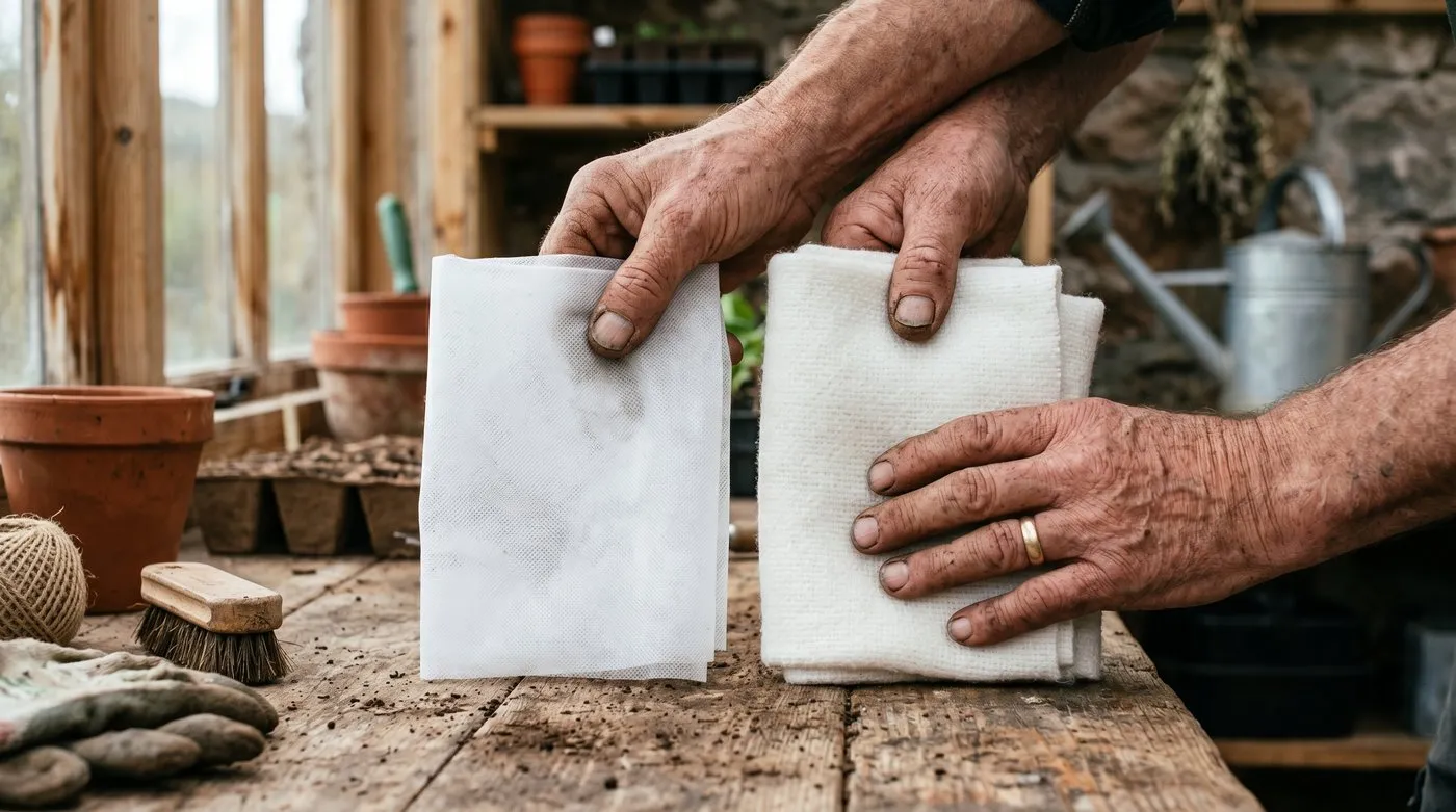 Gardener's hands comparing a fold of lightweight 17g fleece with heavier 30g fleece on a potting bench